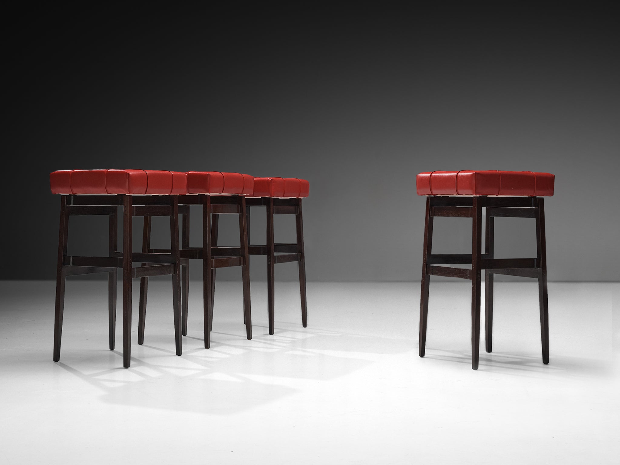 Gianfranco Frattini for Cassina Barstools in Stained Walnut and Red Leatherette Seating Morentz