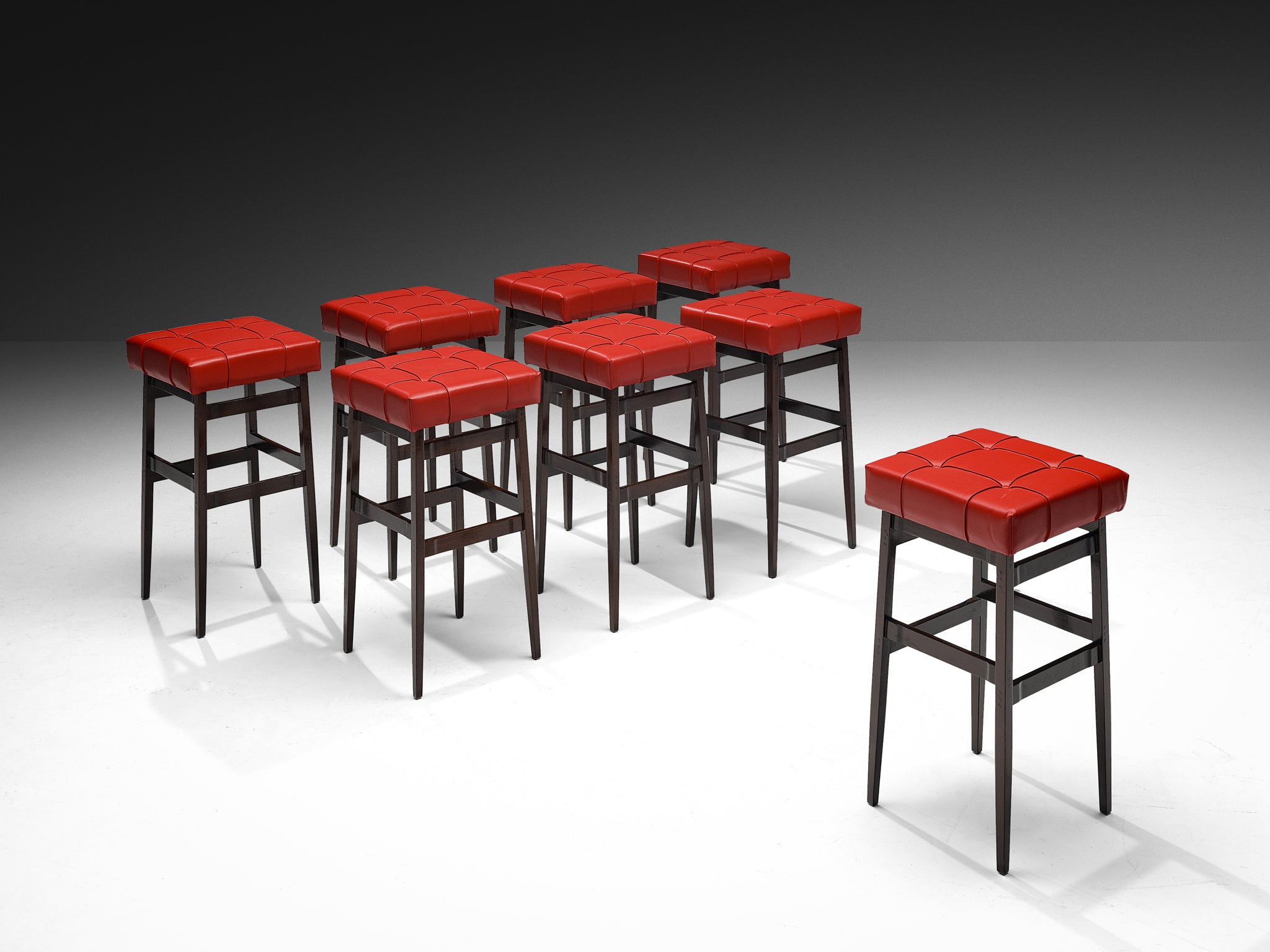 Gianfranco Frattini for Cassina Set of Eight Barstools in Stained Walnut and Red Leatherette Seating Morentz