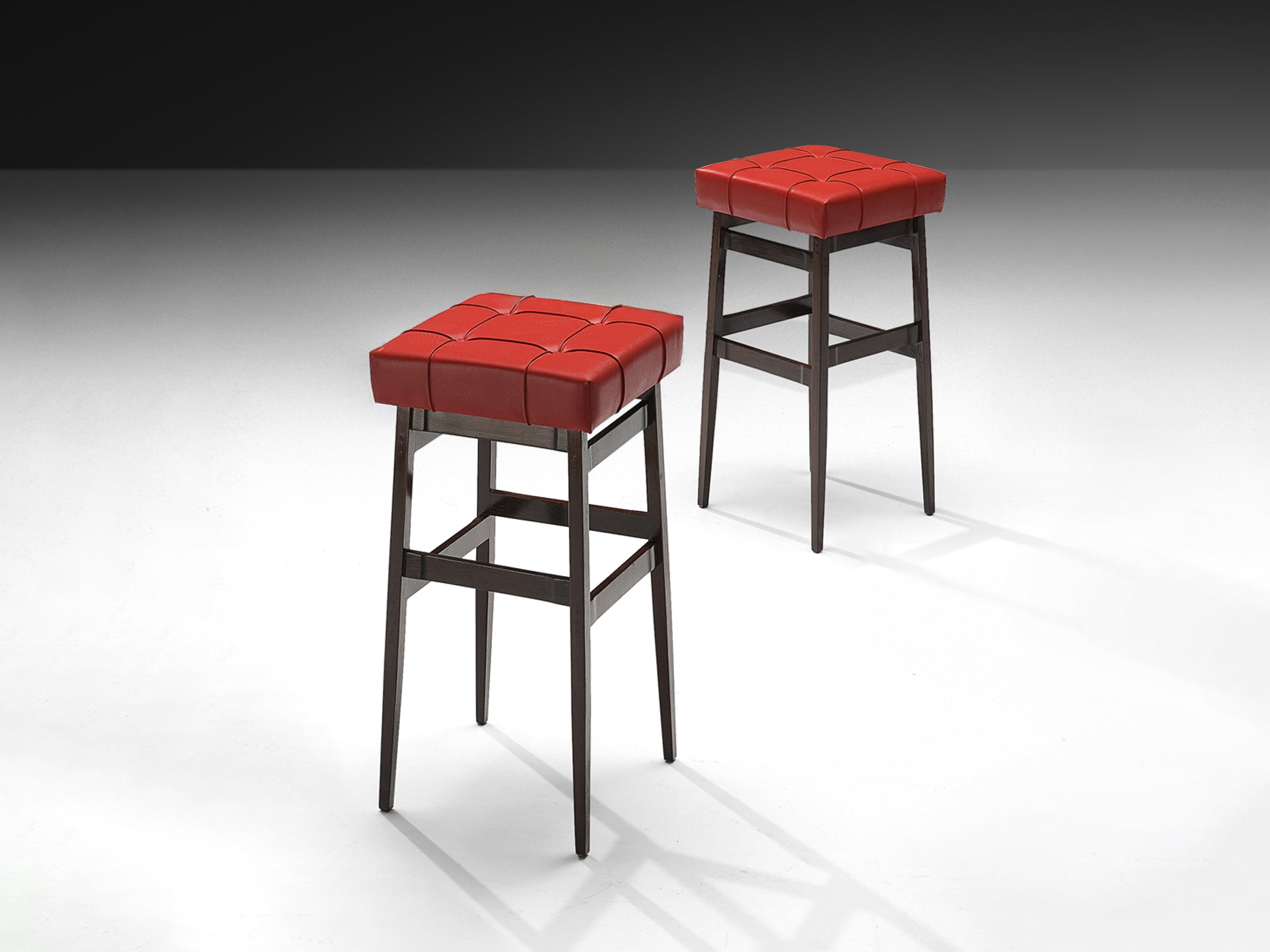 Gianfranco Frattini for Cassina Barstools in Stained Walnut and Red Leatherette Seating Morentz