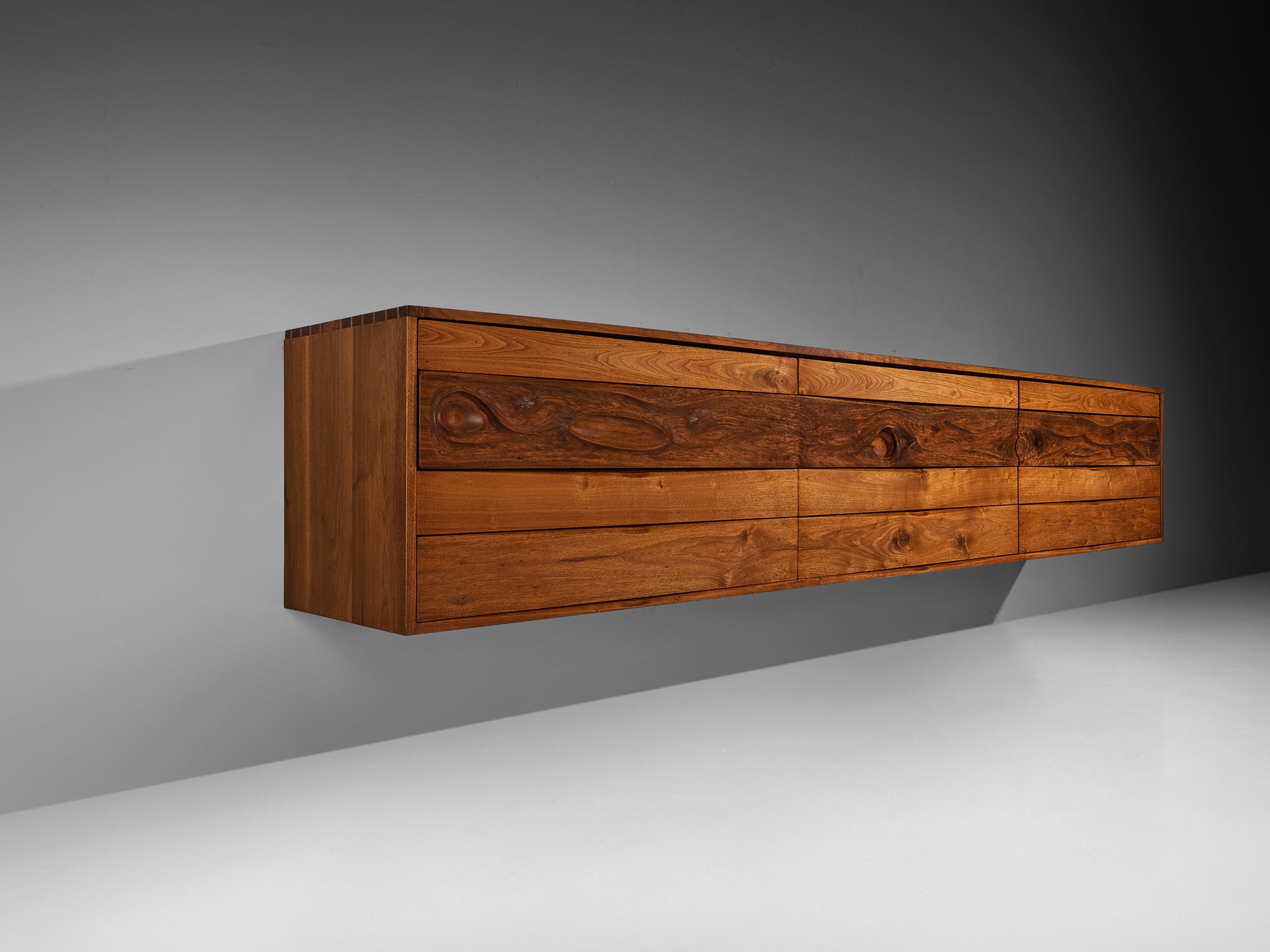 Phillip Lloyd Powell Long Wall-Mounted Sideboard in Carved Walnut Case pieces and storage cabinets Morentz