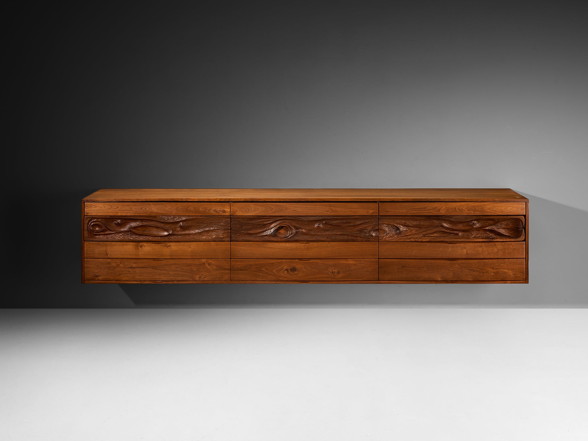 Phillip Lloyd Powell Long Wall-Mounted Sideboard in Carved Walnut Case pieces and storage cabinets Morentz