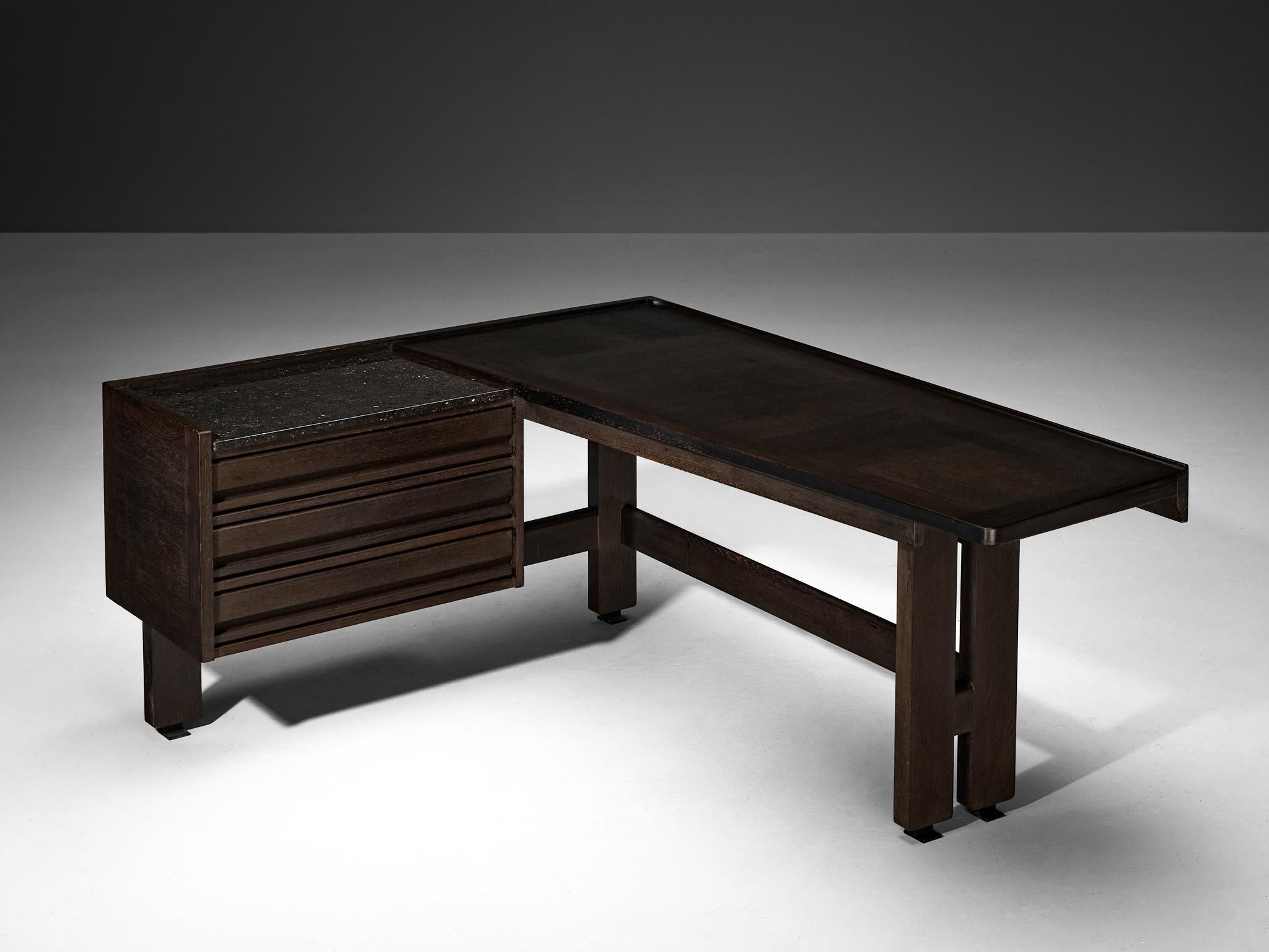 Guillerme & Chambron Corner Desk in Dark Oak and Black Stone tables Morentz