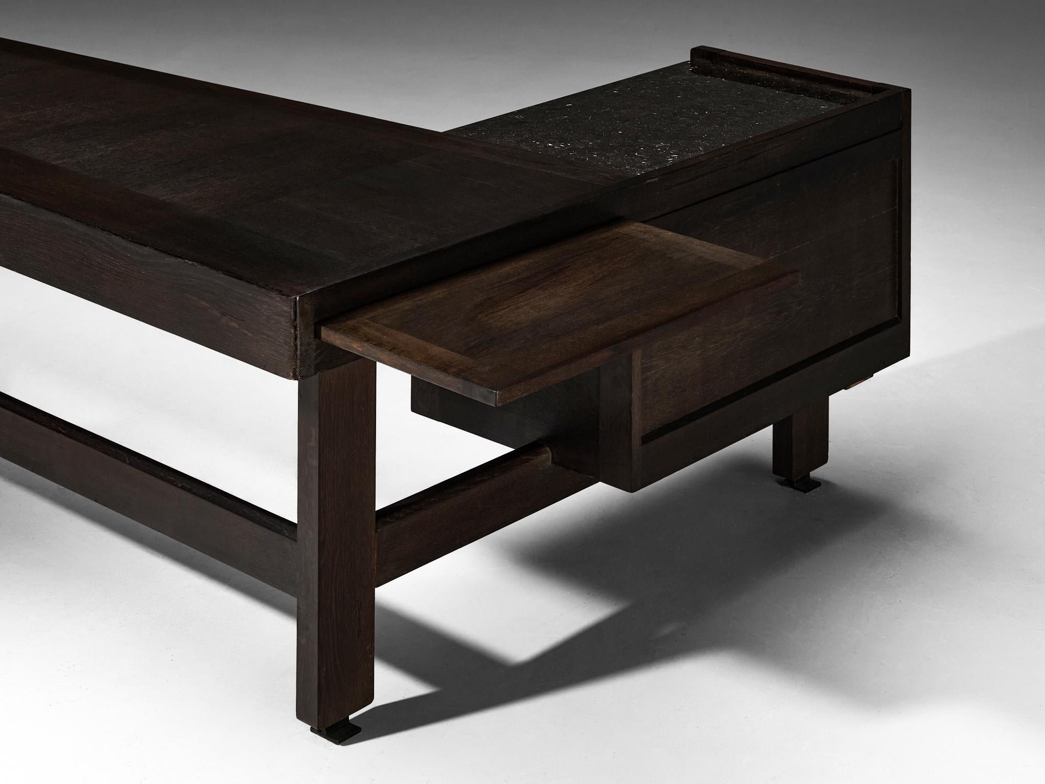 Guillerme & Chambron Corner Desk in Dark Oak and Black Stone tables Morentz