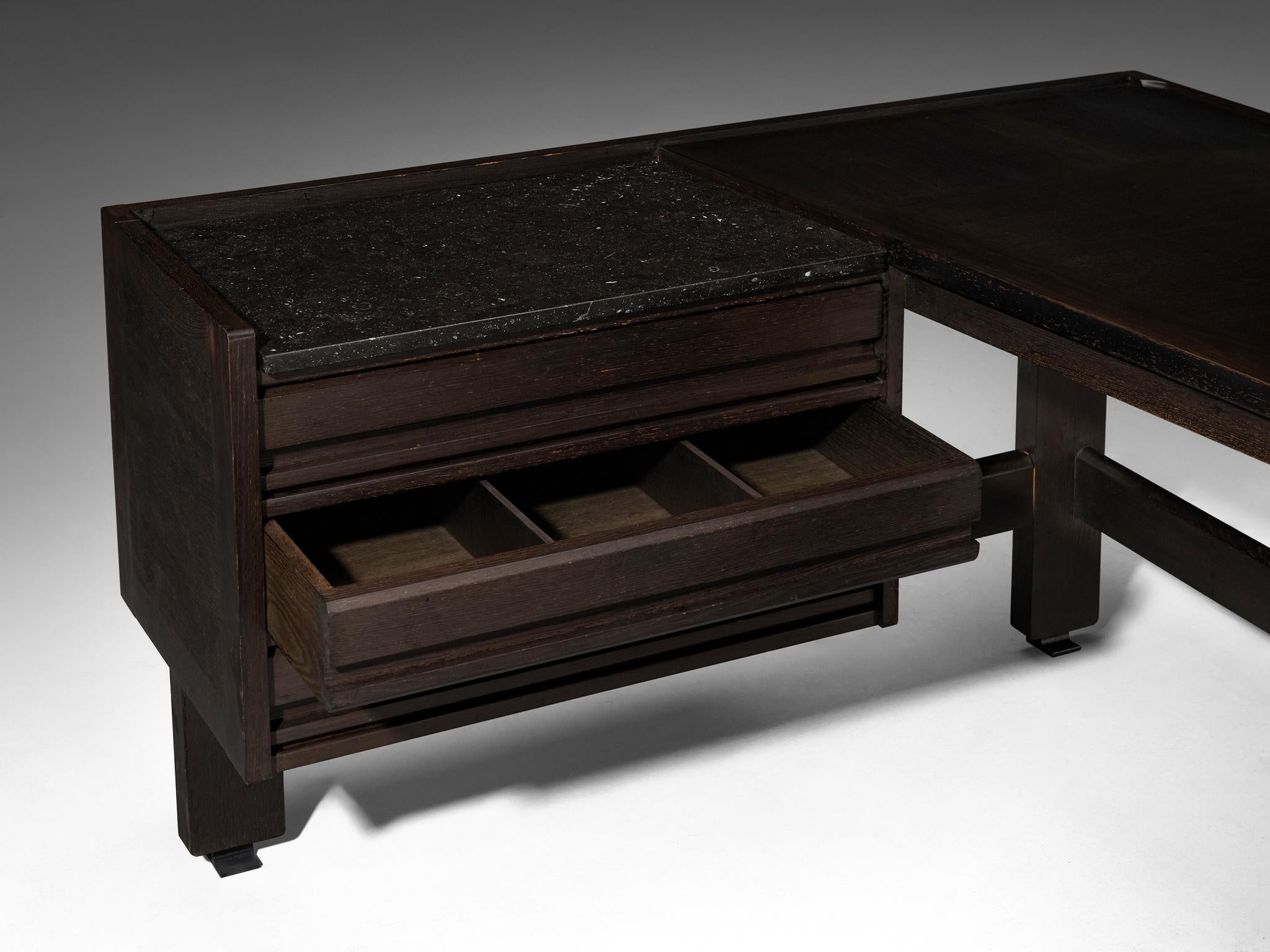 Guillerme & Chambron Corner Desk in Dark Oak and Black Stone tables Morentz