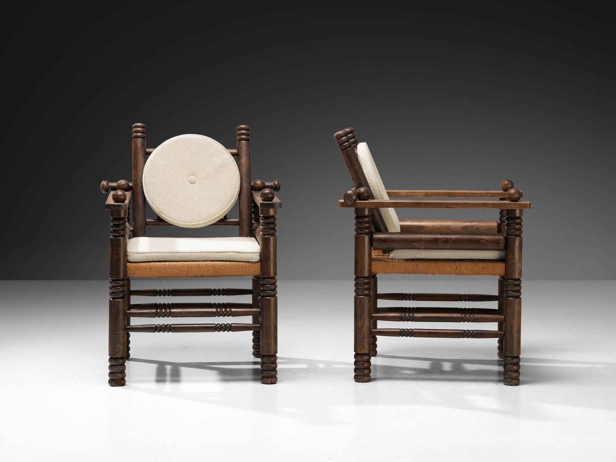 Charles Dudouyt Pair of Art Deco Lounge Chairs with Rush Seat seating Morentz