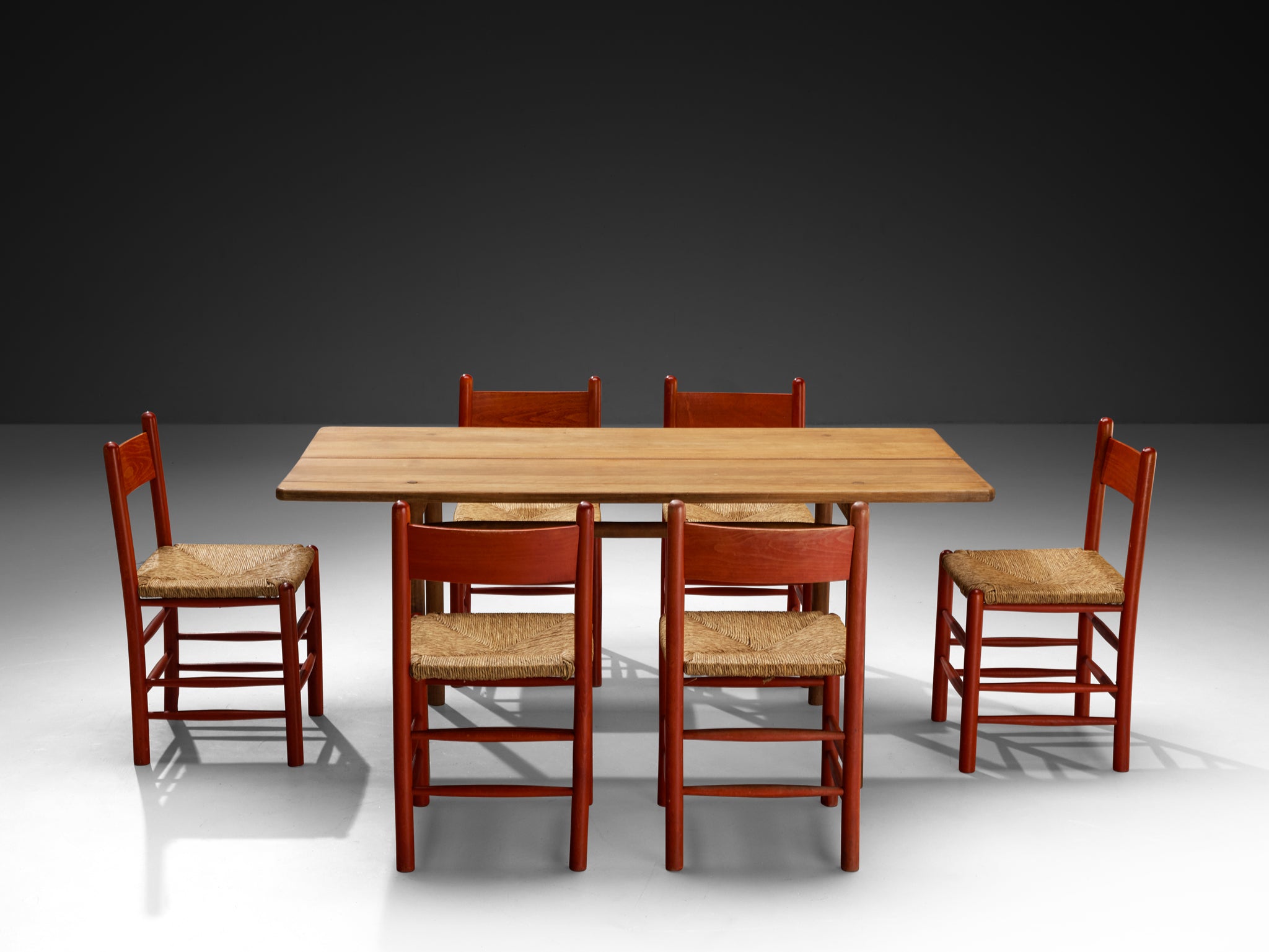 French Dining Set Pierre Gautier-Delaye Table and Red Wooden Chairs Tables Morentz