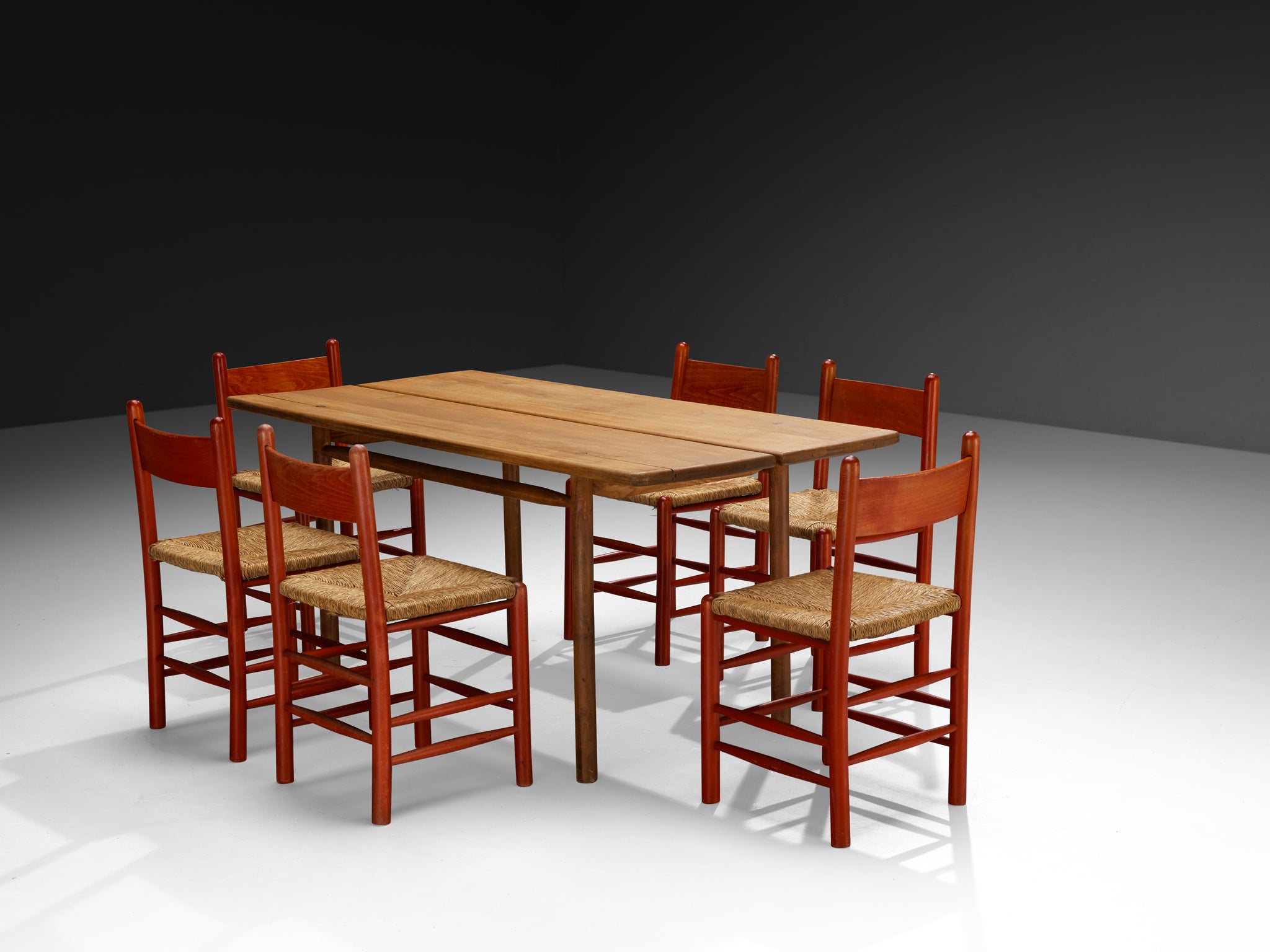 French Dining Set Pierre Gautier-Delaye Table and Red Wooden Chairs Tables Morentz