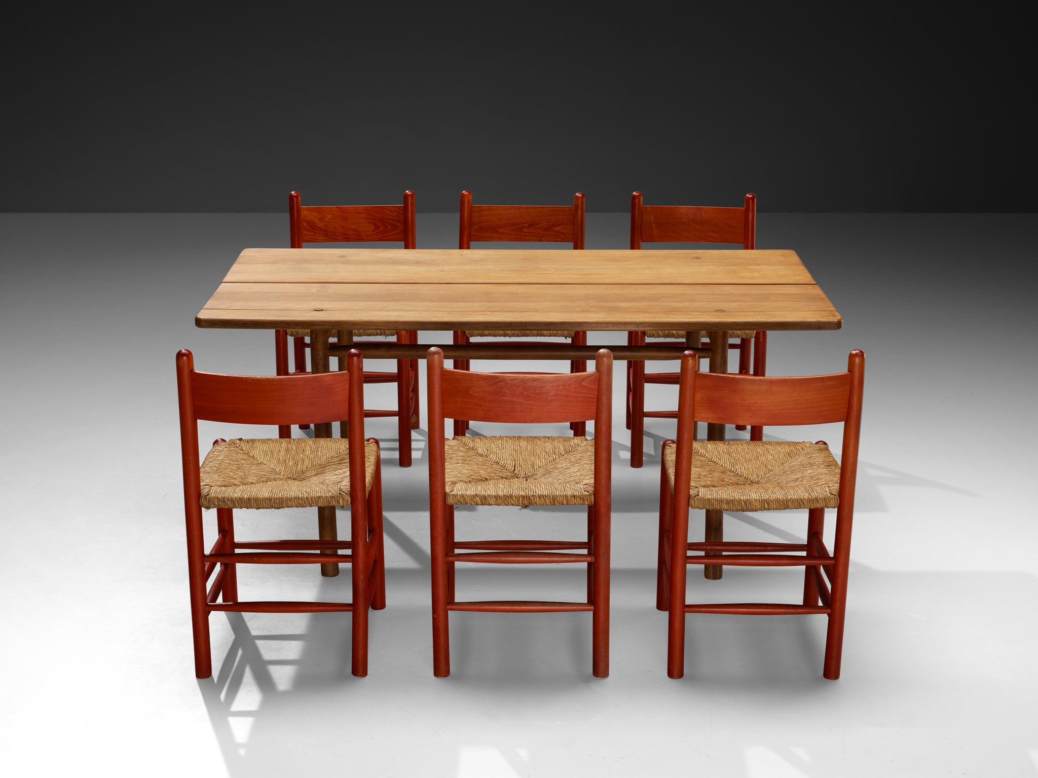 French Dining Set Pierre Gautier-Delaye Table and Red Wooden Chairs Tables Morentz