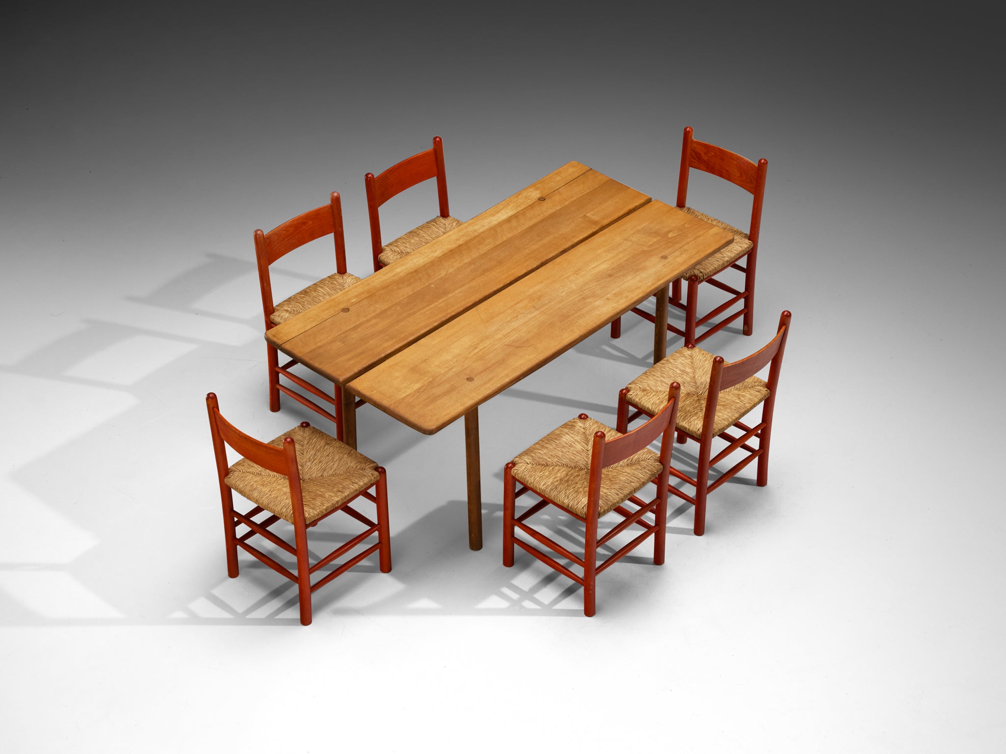 French Dining Set Pierre Gautier-Delaye Table and Red Wooden Chairs Tables Morentz