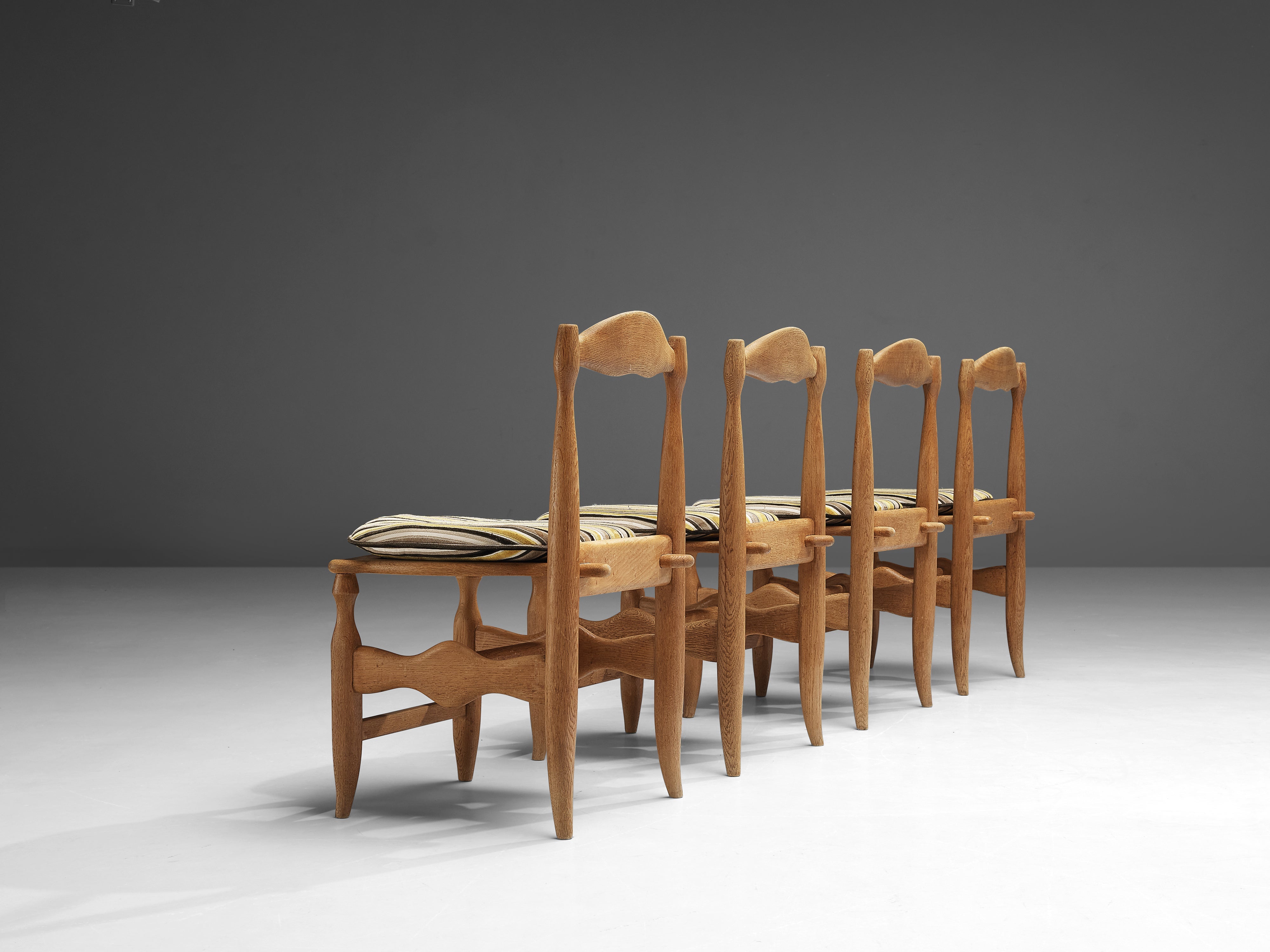 Guillerme & Chambron Set of Four Dining Chairs in Oak and Striped Fabric seating Morentz
