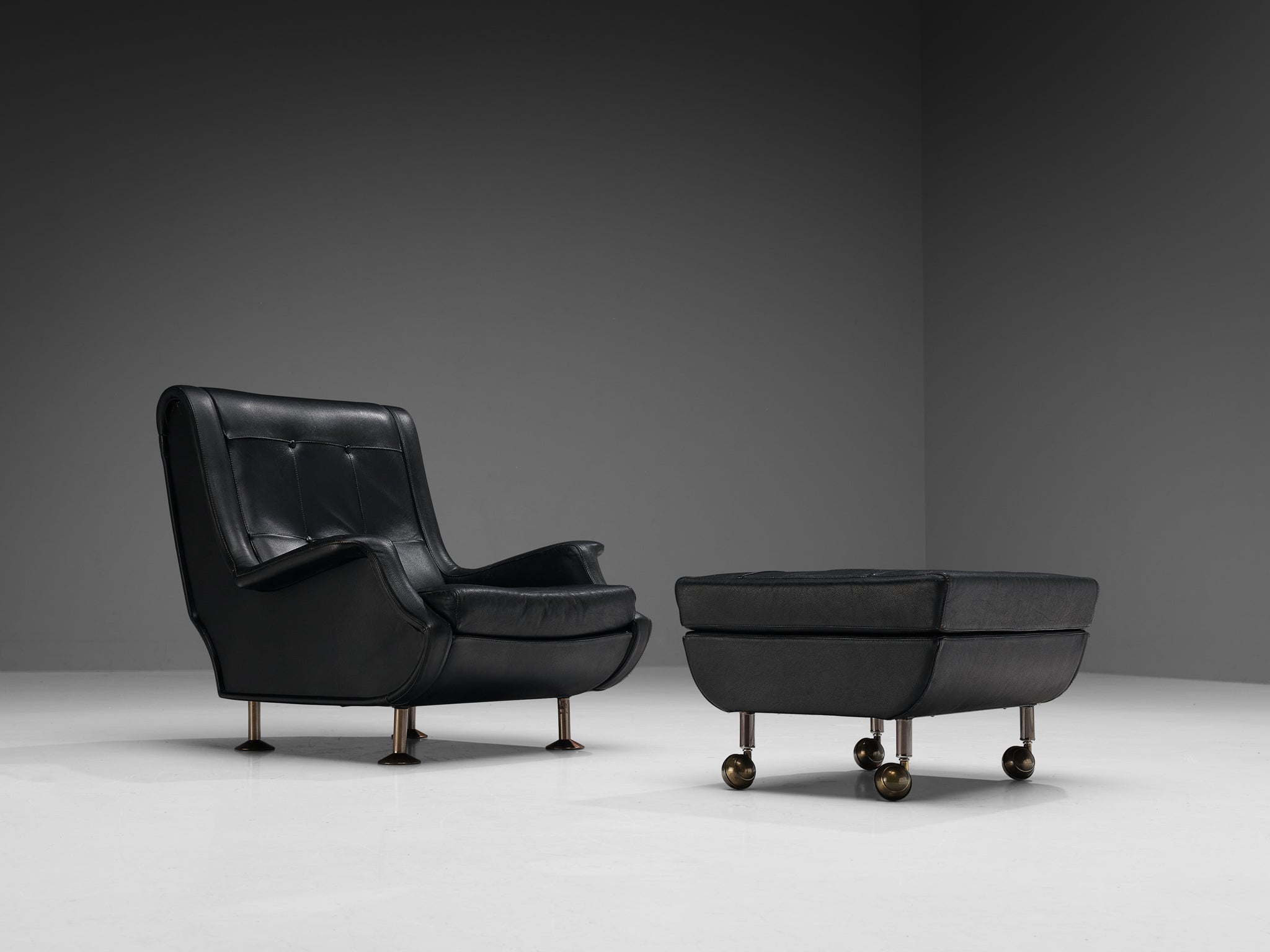 Marco Zanuso for Arflex 'Regent' Lounge Chair and Ottoman in Black Leather seating Morentz