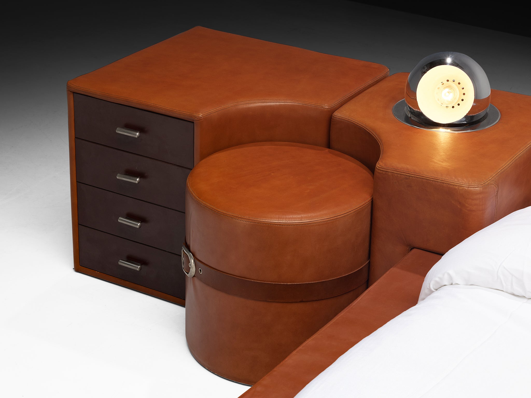 Guido Faleschini for Mariani Set of Queen Bed Nightstands and Stools in Leather More Furniture and Collectibles Morentz
