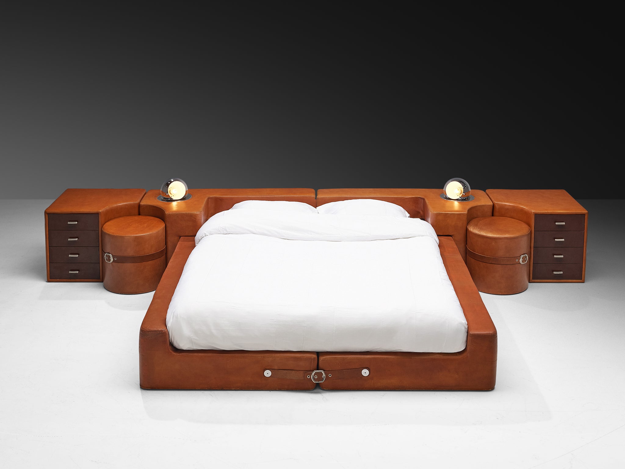 Guido Faleschini for Mariani Set of Queen Bed Nightstands and Stools in Leather More Furniture and Collectibles Morentz