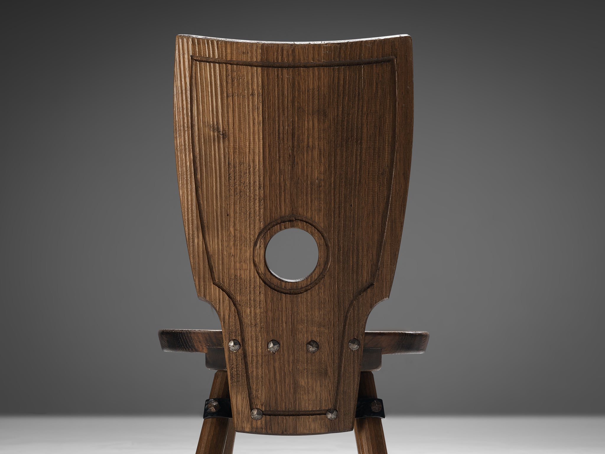 Rustic French Set of Eight Dining Chairs in Solid Oak and Iron Seating Morentz