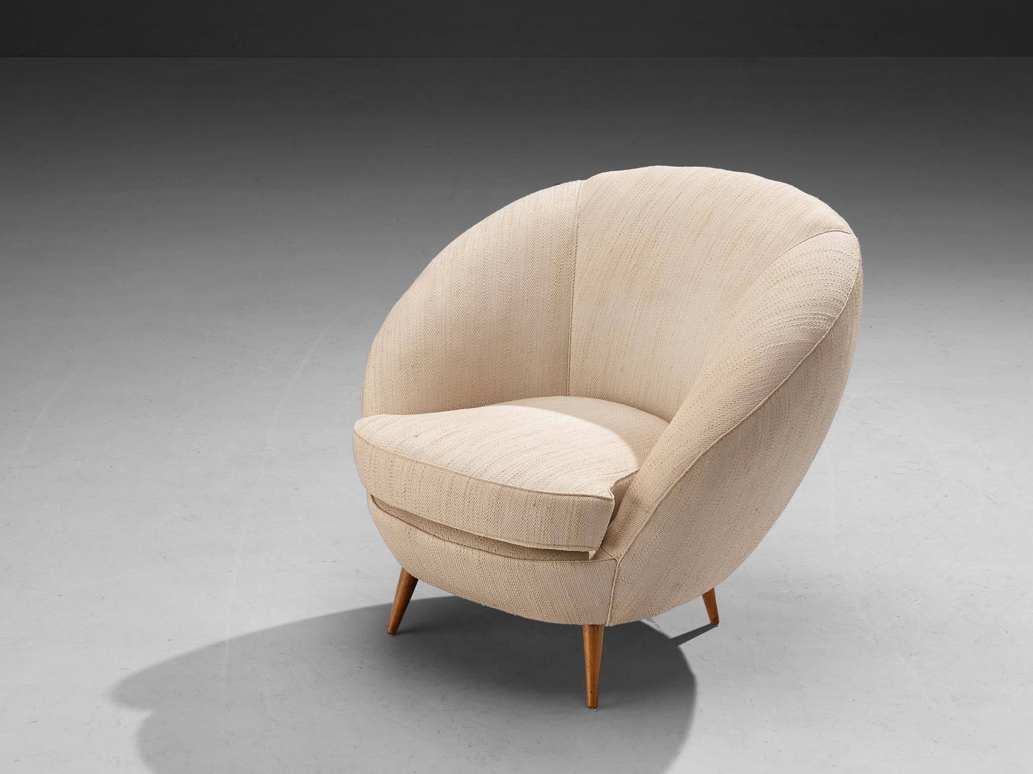 1950s Mid-Century Modern Italian Lounge Chair in Off-White Fabric & Wood seating Morentz