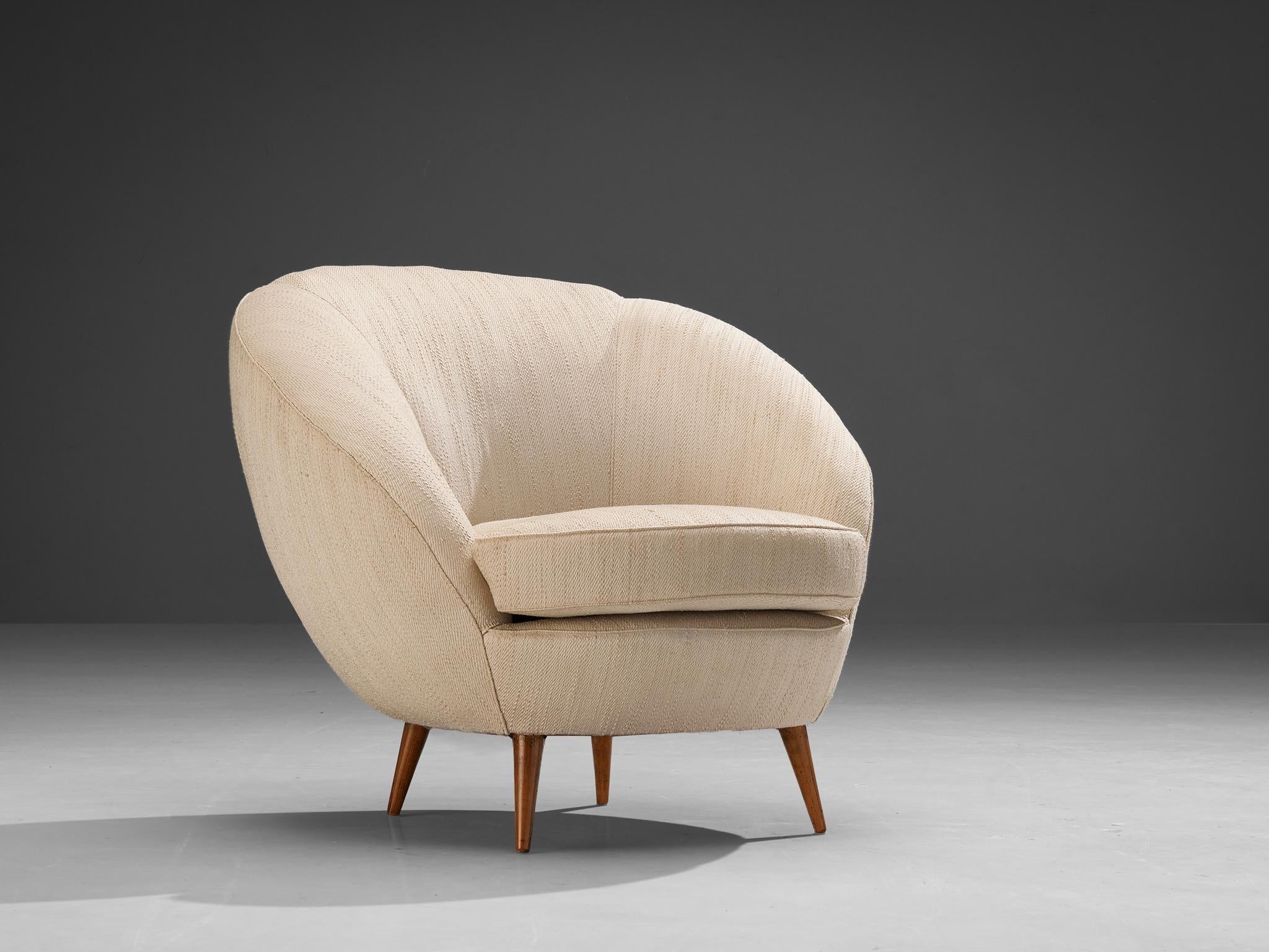 1950s Mid-Century Modern Italian Lounge Chair in Off-White Fabric & Wood seating Morentz