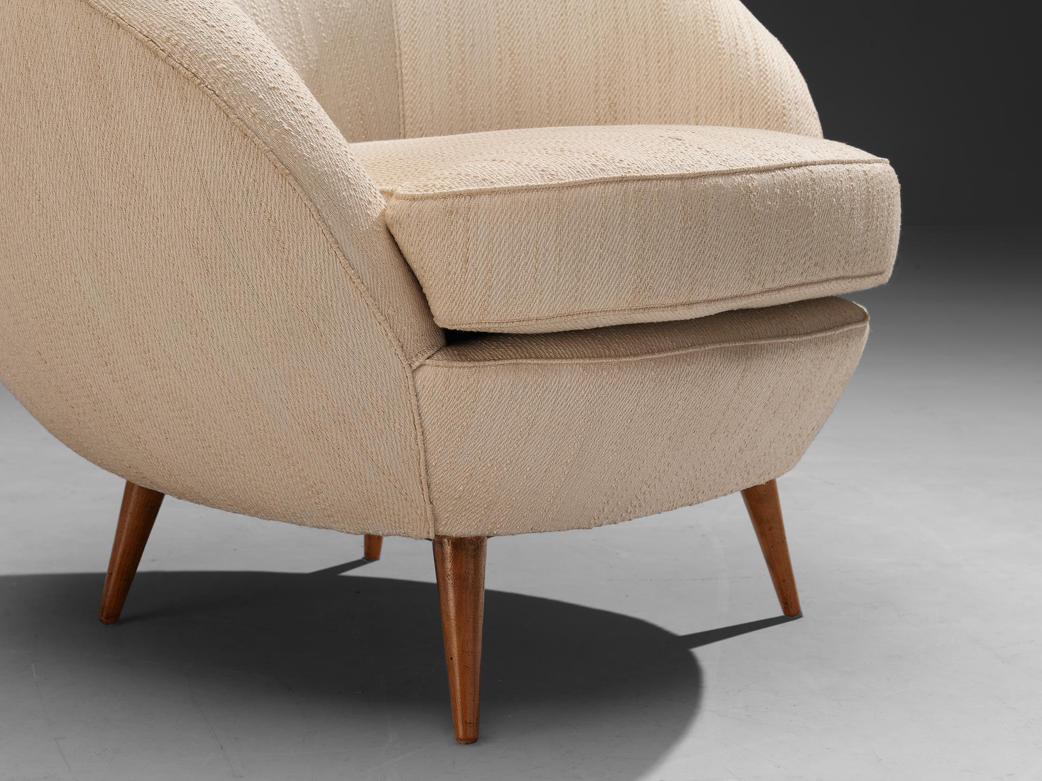 1950s Mid-Century Modern Italian Lounge Chair in Off-White Fabric & Wood seating Morentz