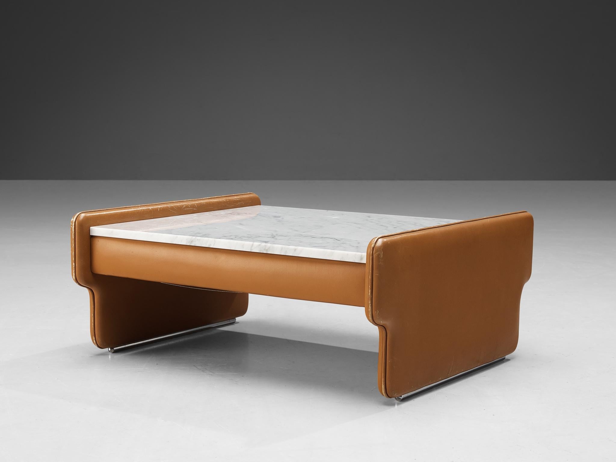 Italian Coffee Table in Cognac Leather and Carrara Marble tables Morentz