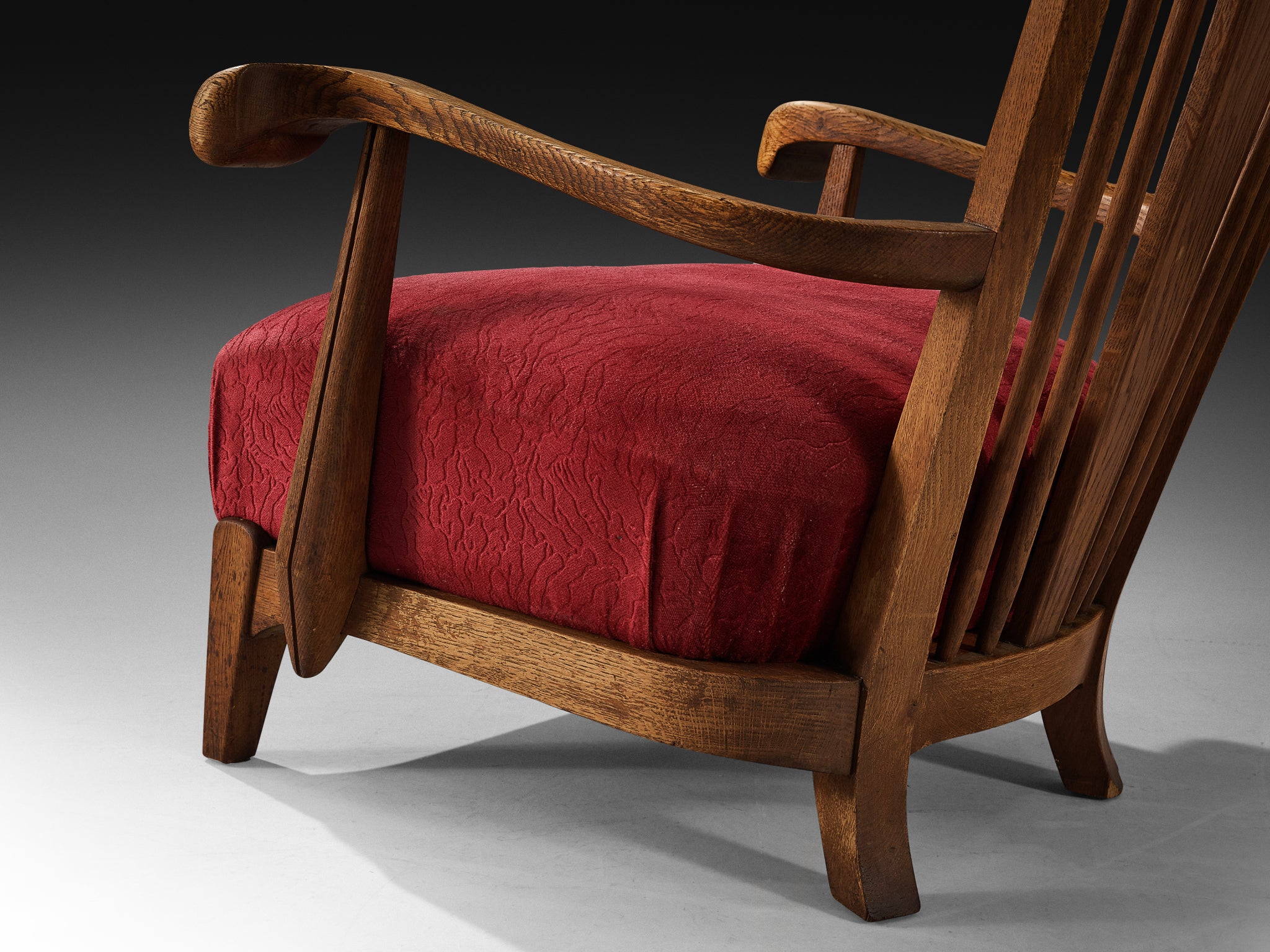 Sculpted French Pair of Armchairs in Oak and Burgundy Velvet Upholstery Seating Morentz