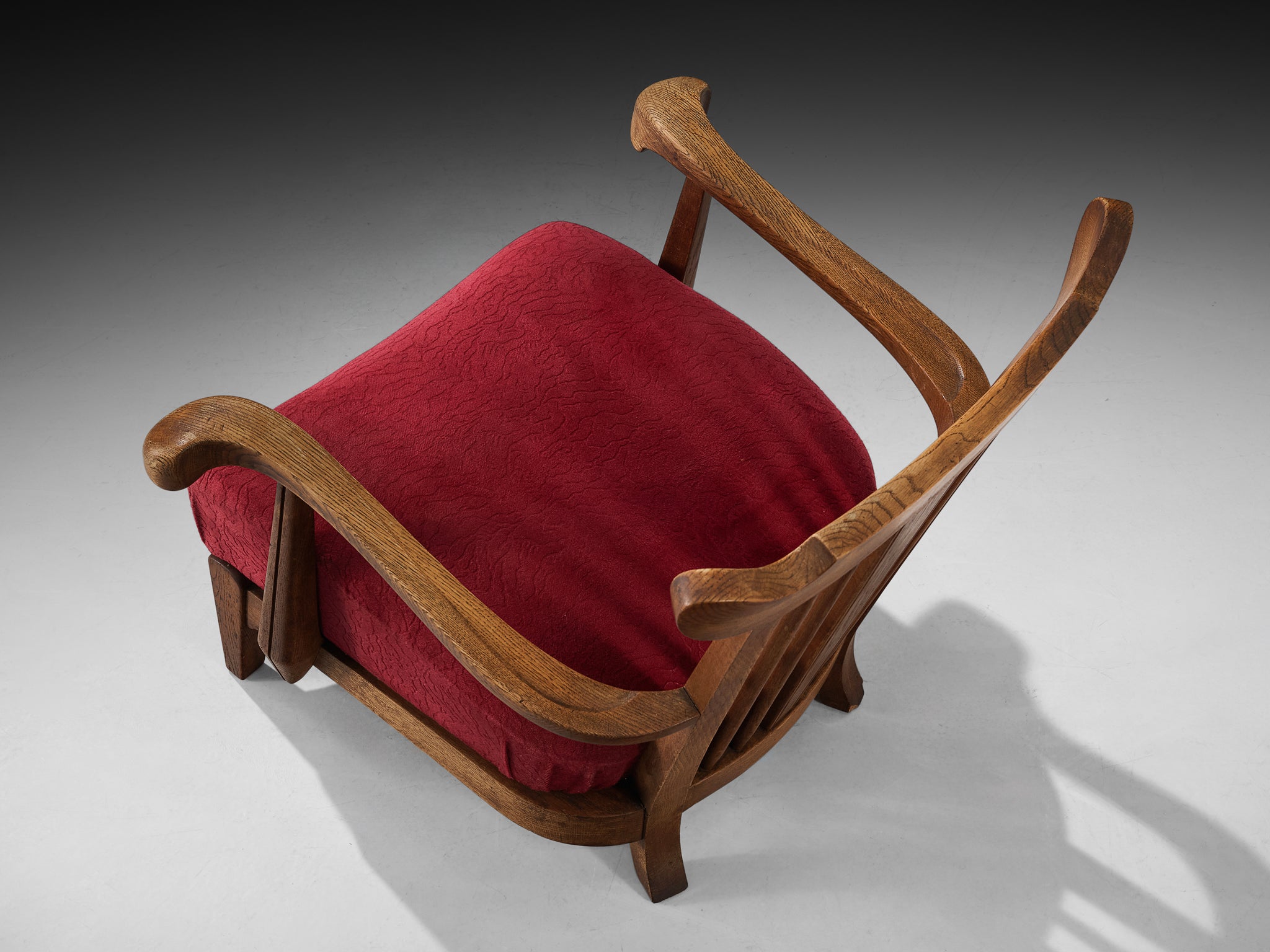 Sculpted French Pair of Armchairs in Oak and Burgundy Velvet Upholstery Seating Morentz