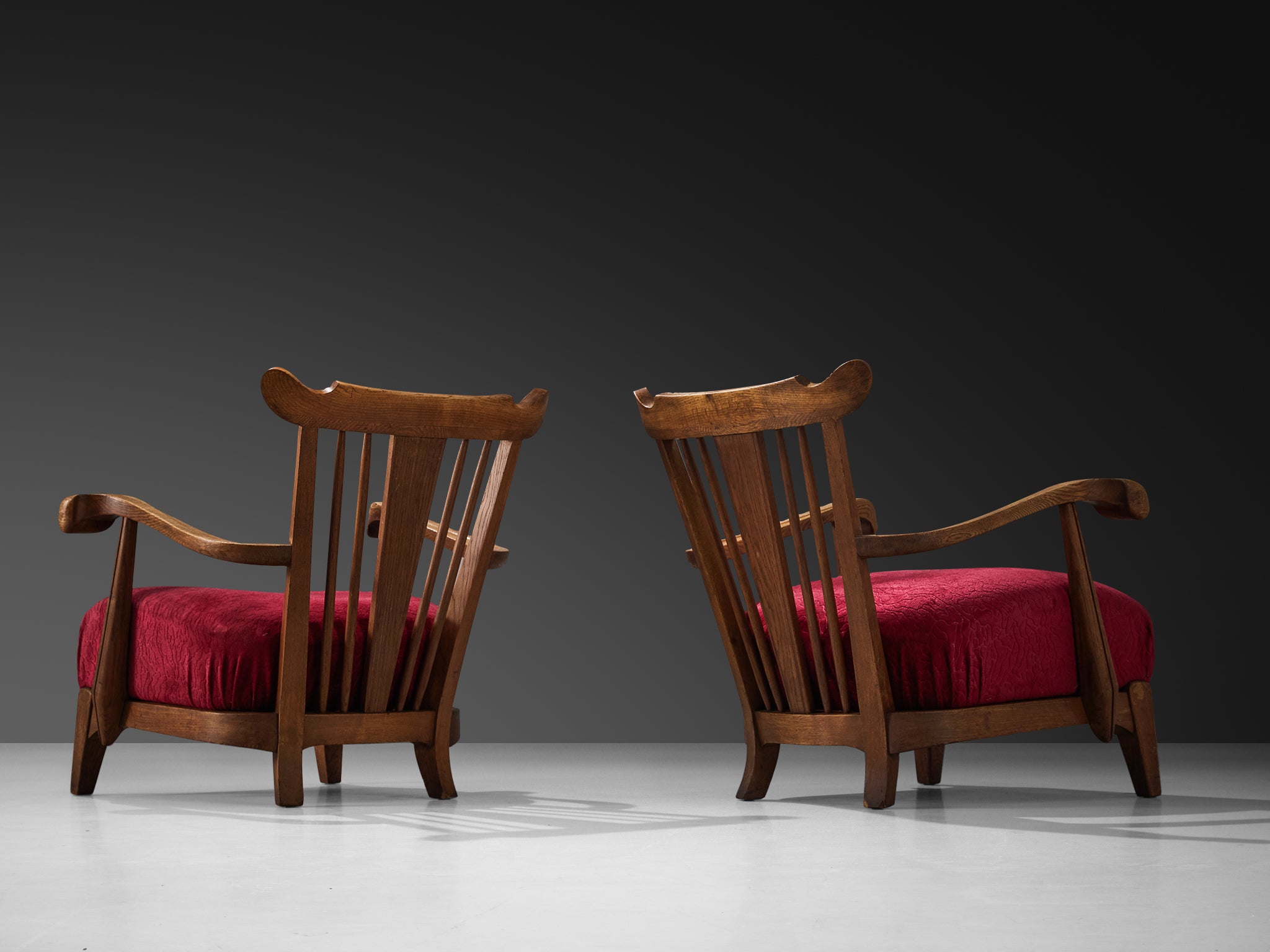 Sculpted French Pair of Armchairs in Oak and Burgundy Velvet Upholstery Seating Morentz