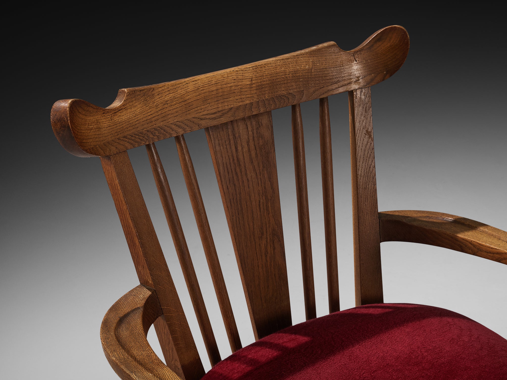 Sculpted French Pair of Armchairs in Oak and Burgundy Velvet Upholstery Seating Morentz