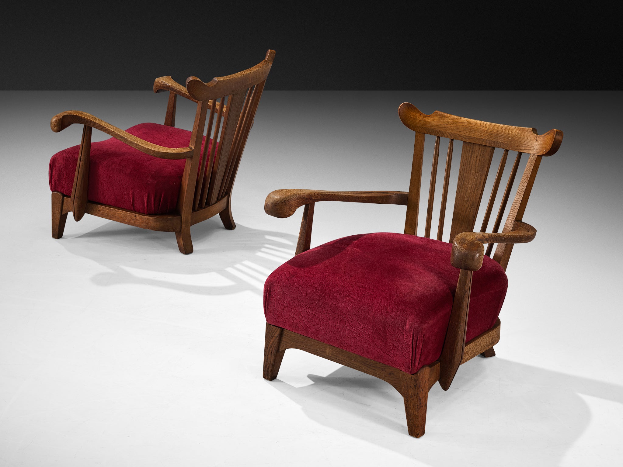 Sculpted French Pair of Armchairs in Oak and Burgundy Velvet Upholstery Seating Morentz