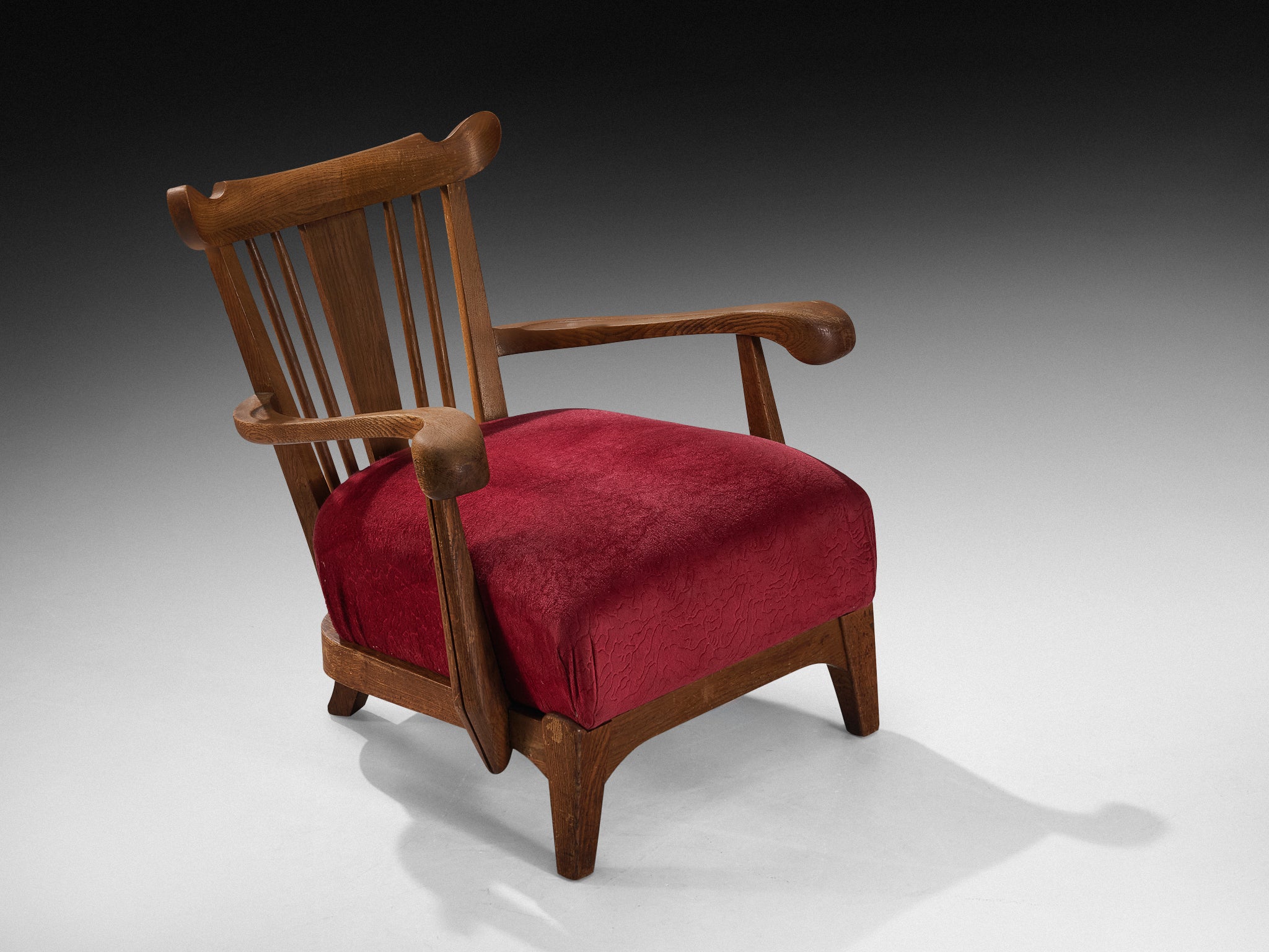 Sculpted French Pair of Armchairs in Oak and Burgundy Velvet Upholstery Seating Morentz