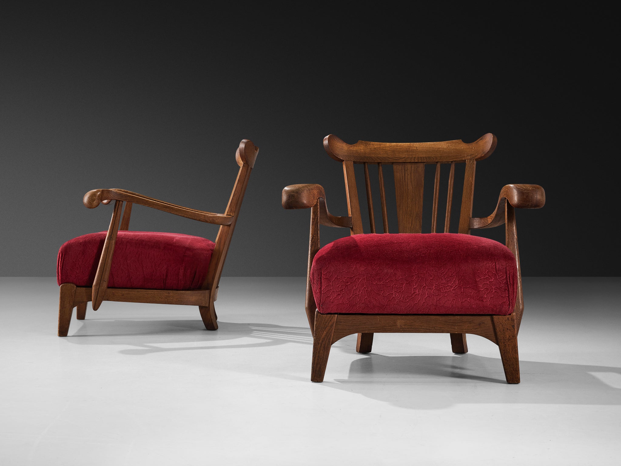 Sculpted French Pair of Armchairs in Oak and Burgundy Velvet Upholstery Seating Morentz