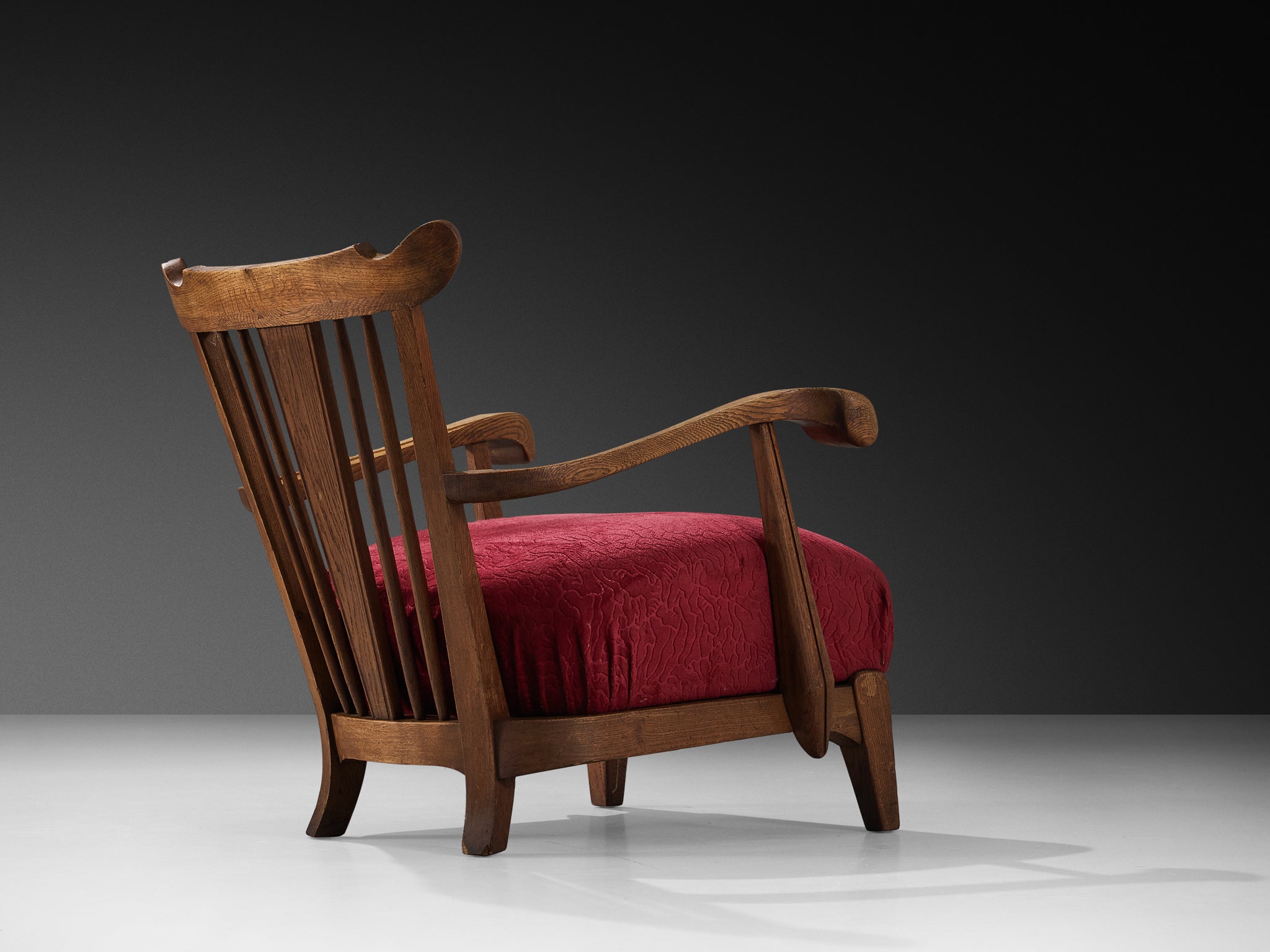 Sculpted French Pair of Armchairs in Oak and Burgundy Velvet Upholstery Seating Morentz