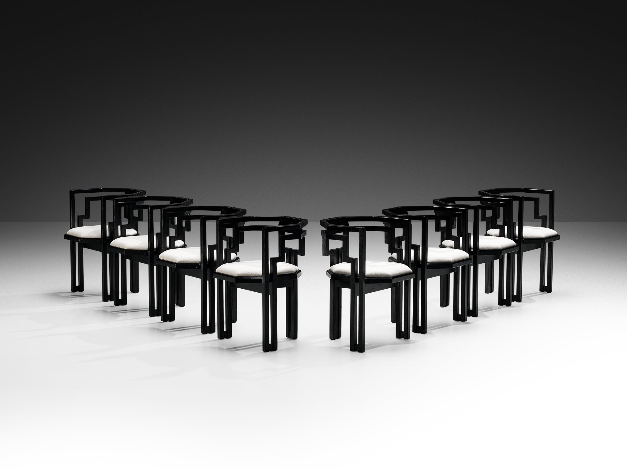 Italian Set of Eight Dining Chairs in Oak and White Upholstery