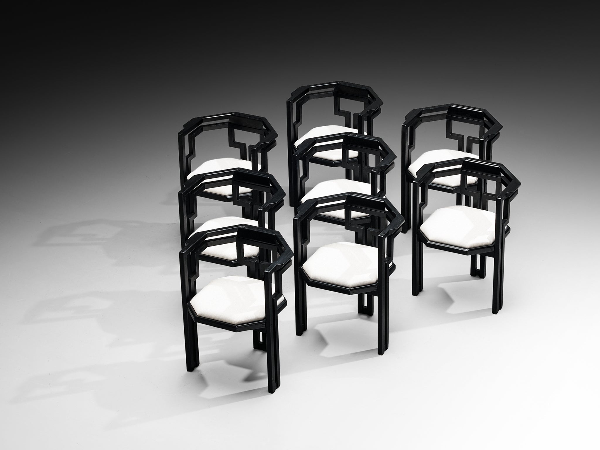 Italian Set of Eight Dining Chairs in Oak and White Upholstery