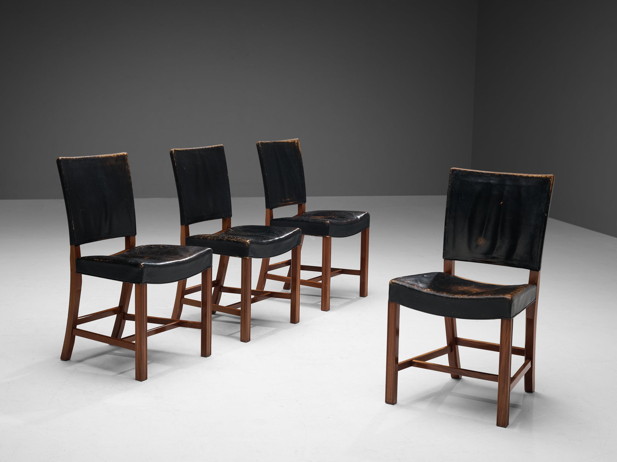 Kaare Klint for Rud Rasmussen Set of Four 'Red Chairs' in Original Black Leather Seating Morentz
