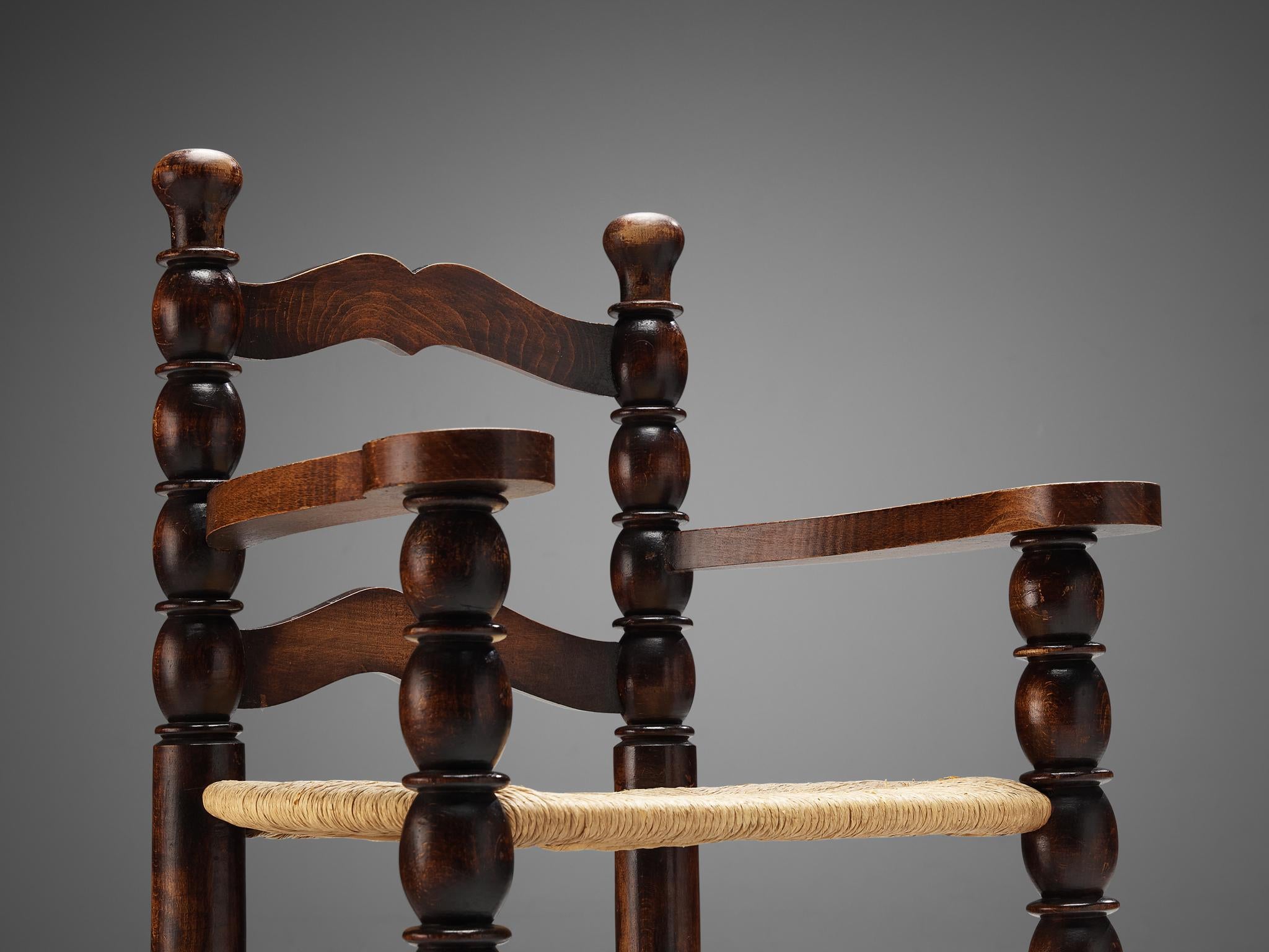 French Pair of Dining Chairs in Stained Wood and Straw seating Morentz