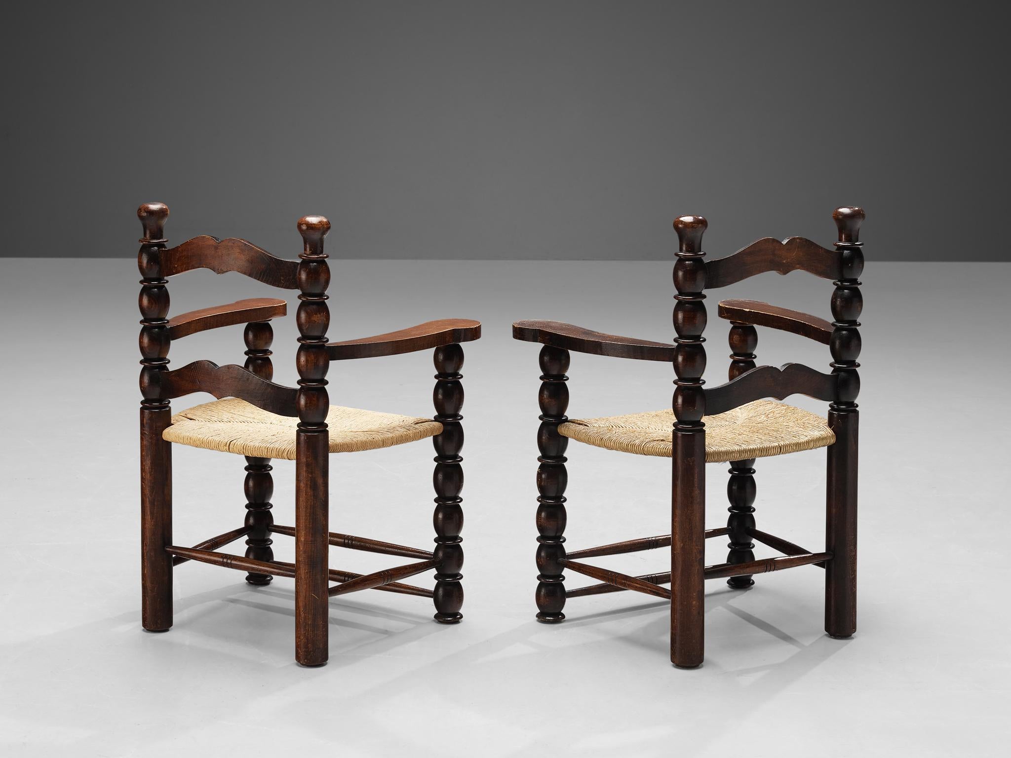 French Pair of Dining Chairs in Stained Wood and Straw seating Morentz