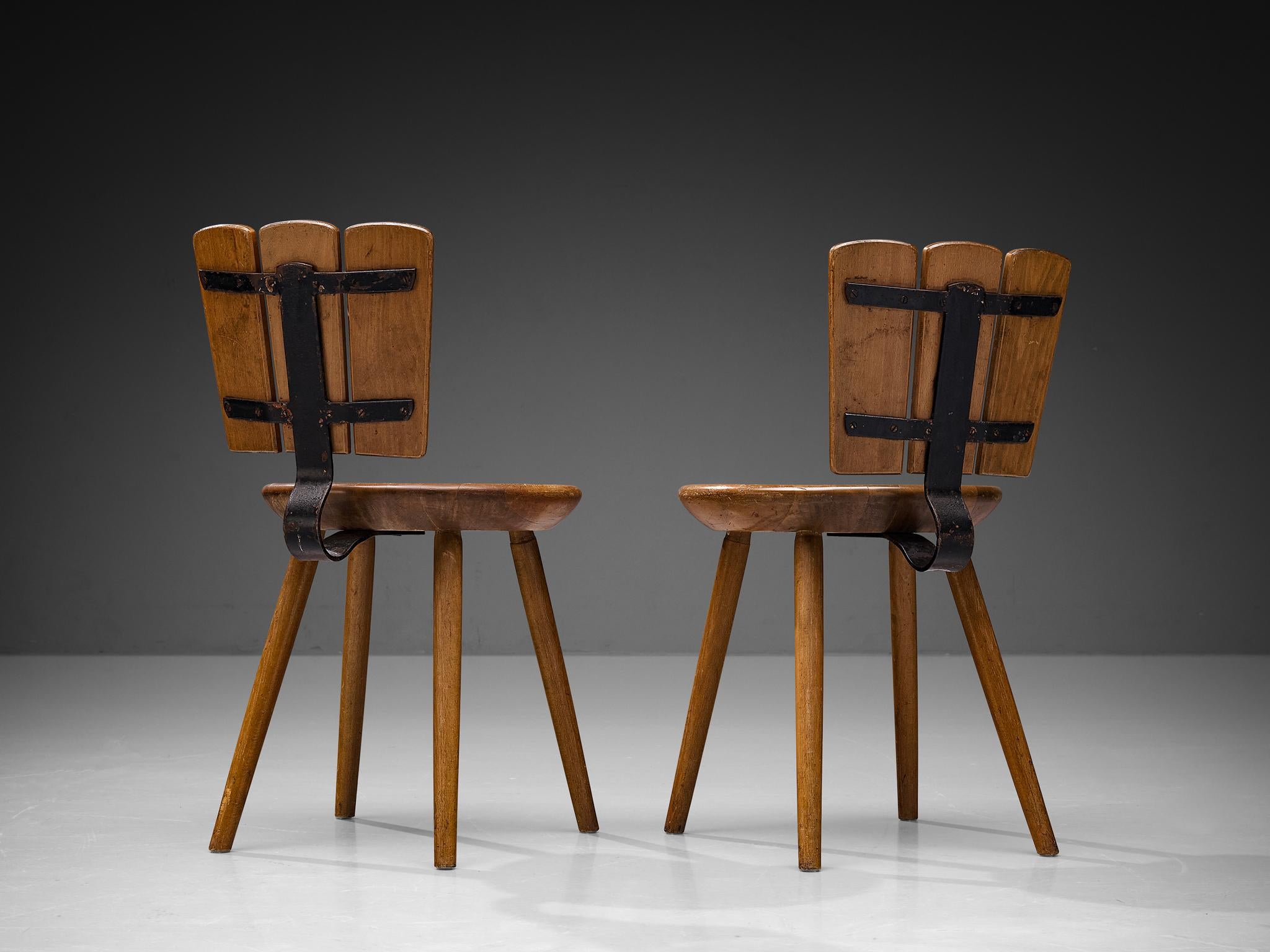Dutch Pair of Rustic Dining Chairs in Stained Wood and Cast Iron seating Morentz