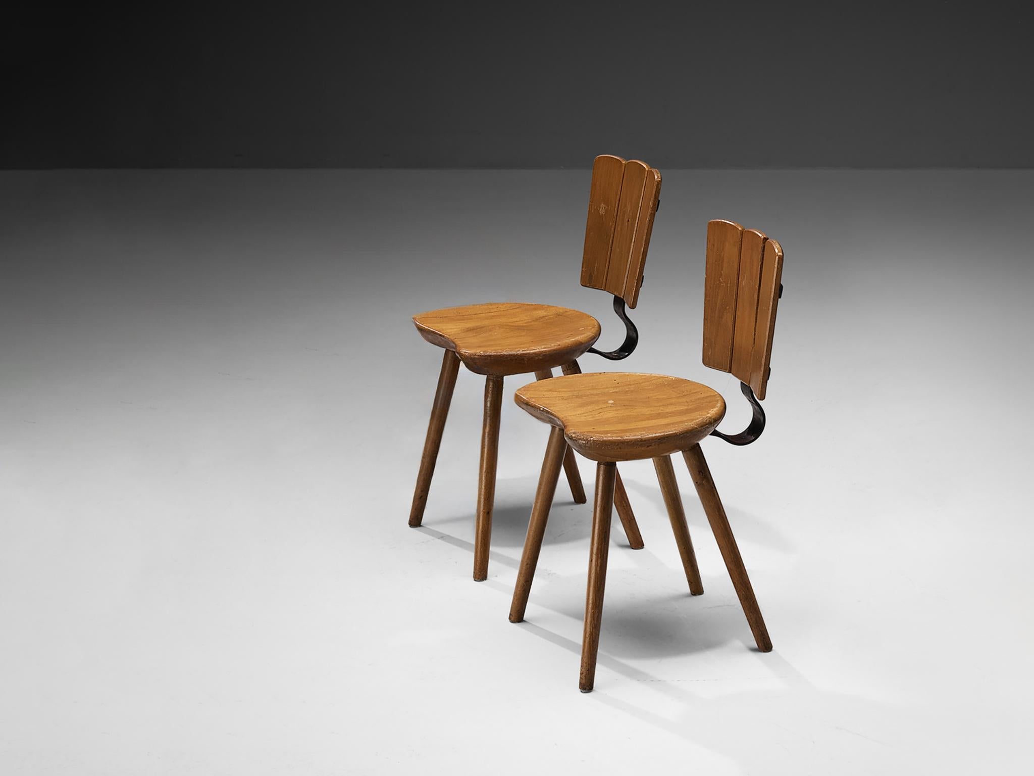 Dutch Pair of Rustic Dining Chairs in Stained Wood and Cast Iron seating Morentz