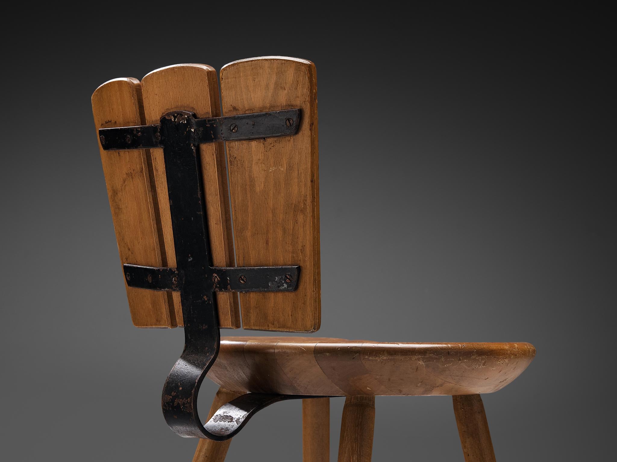 Dutch Pair of Rustic Dining Chairs in Stained Wood and Cast Iron seating Morentz