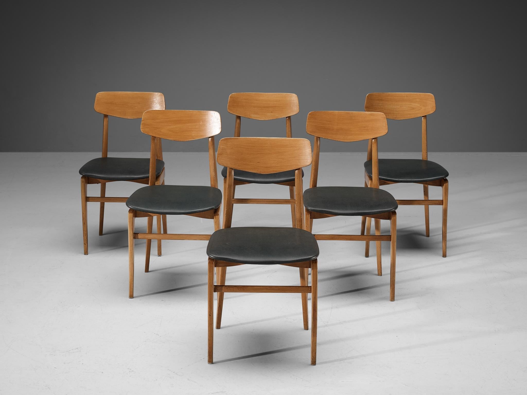 Danish Set of Six Dining Chairs in Blonde Wood and Dark Grey Leatherette seating Morentz