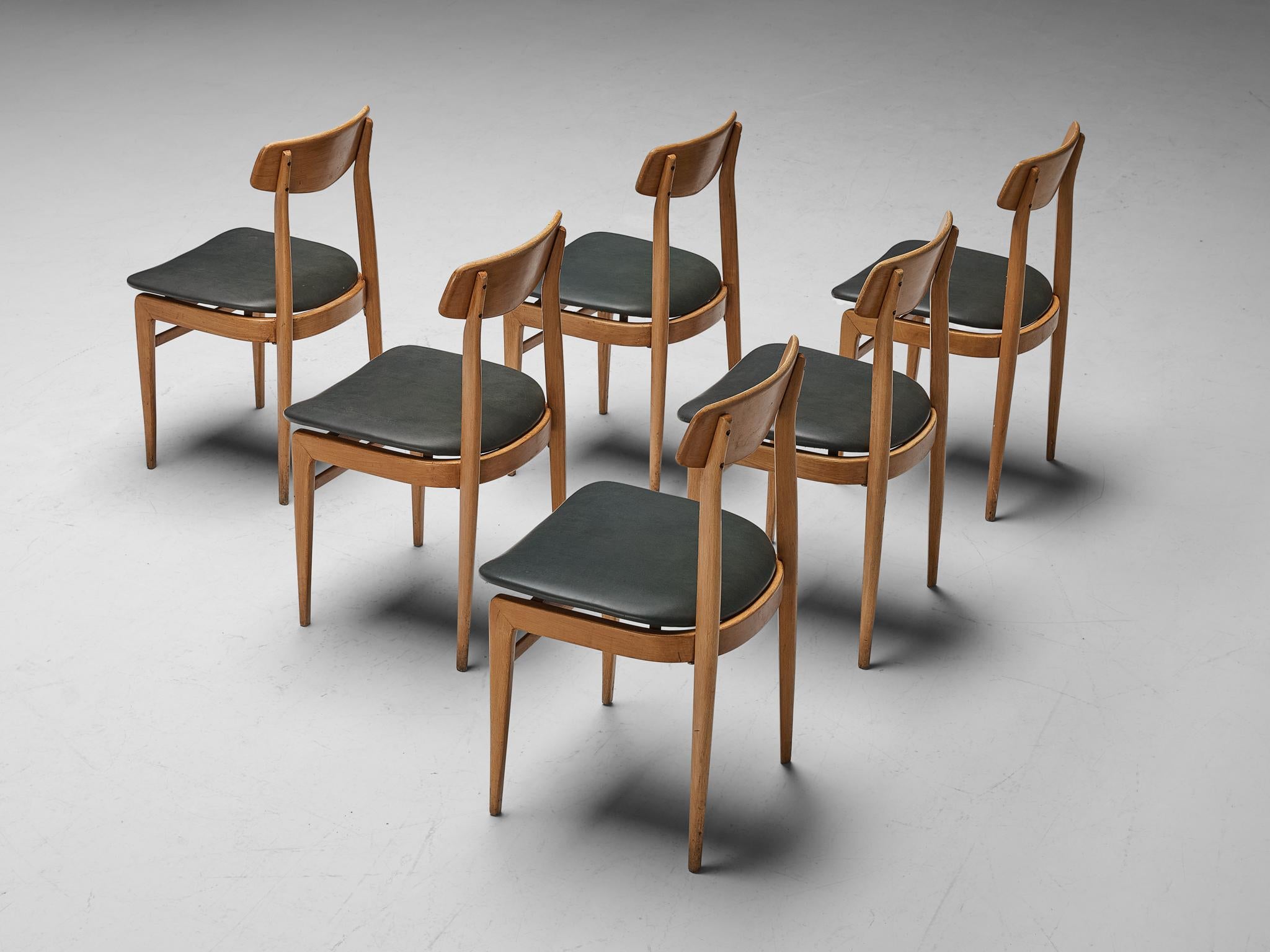 Danish Set of Six Dining Chairs in Blonde Wood and Dark Grey Leatherette seating Morentz