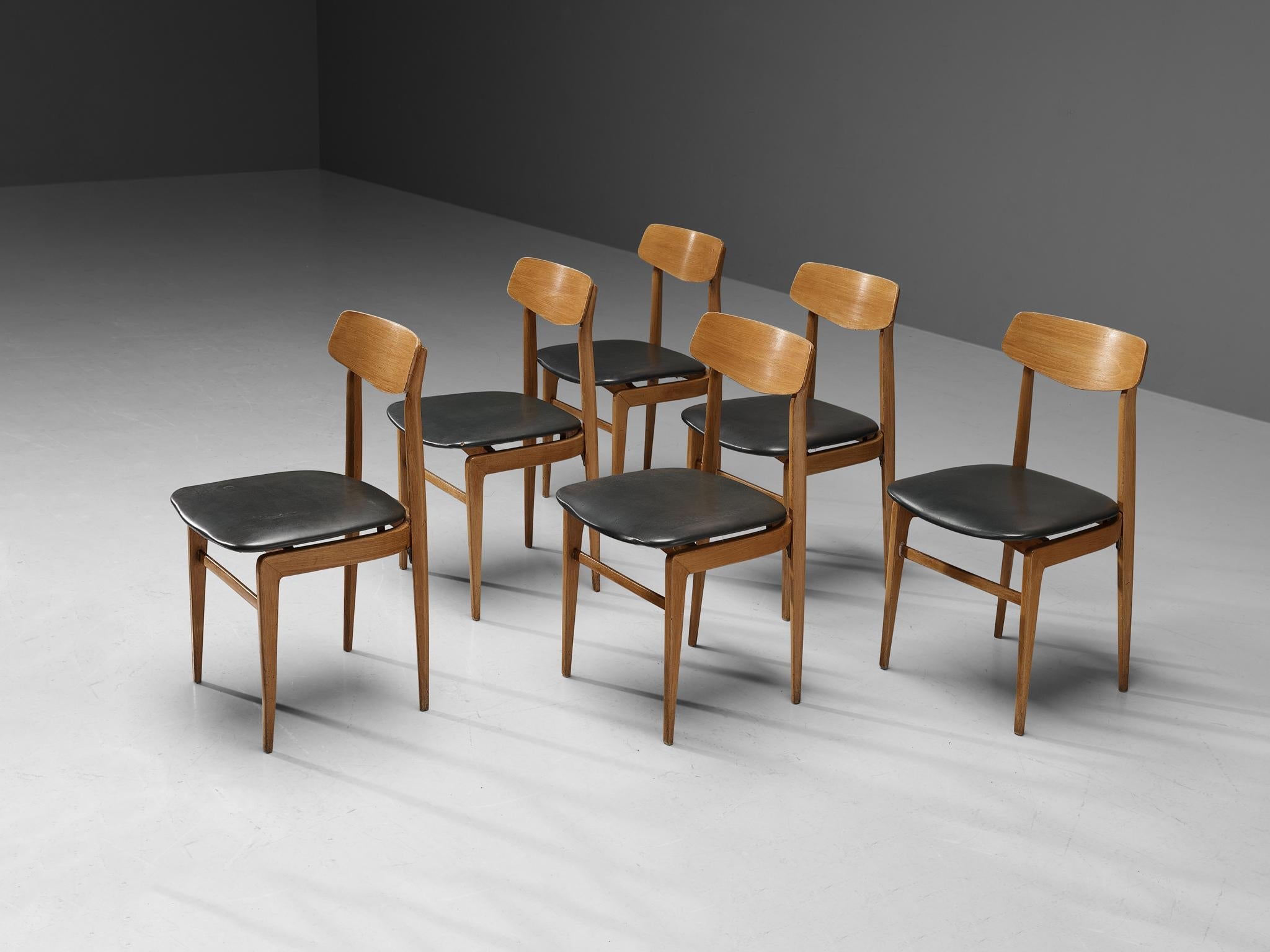 Danish Set of Six Dining Chairs in Blonde Wood and Dark Grey Leatherette seating Morentz