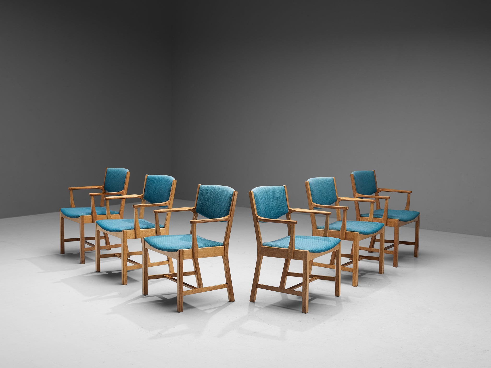 Set of Six Danish Armchairs in Oak and Light Blue Upholstery seating Morentz