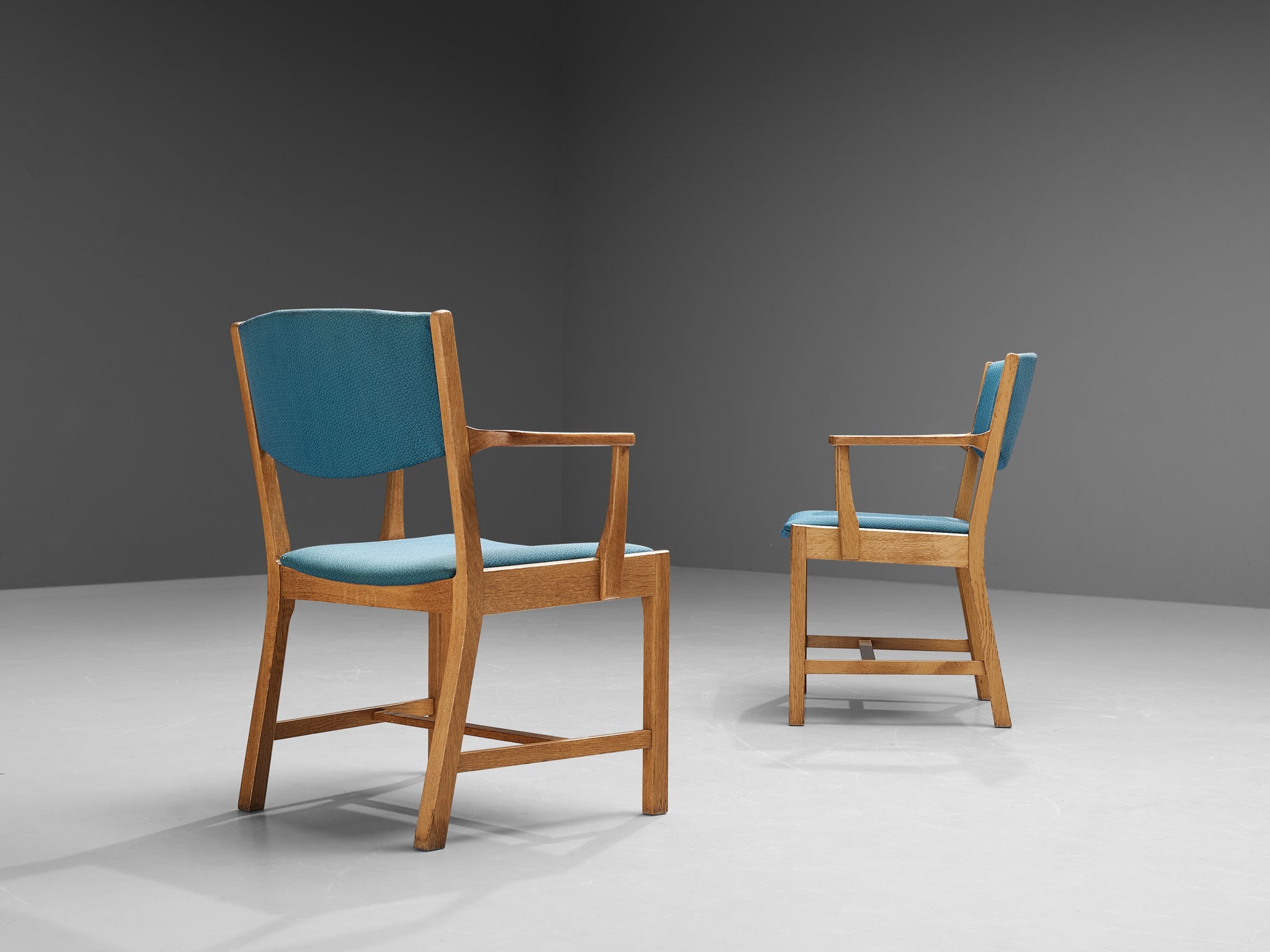 Set of Six Danish Armchairs in Oak and Light Blue Upholstery seating Morentz