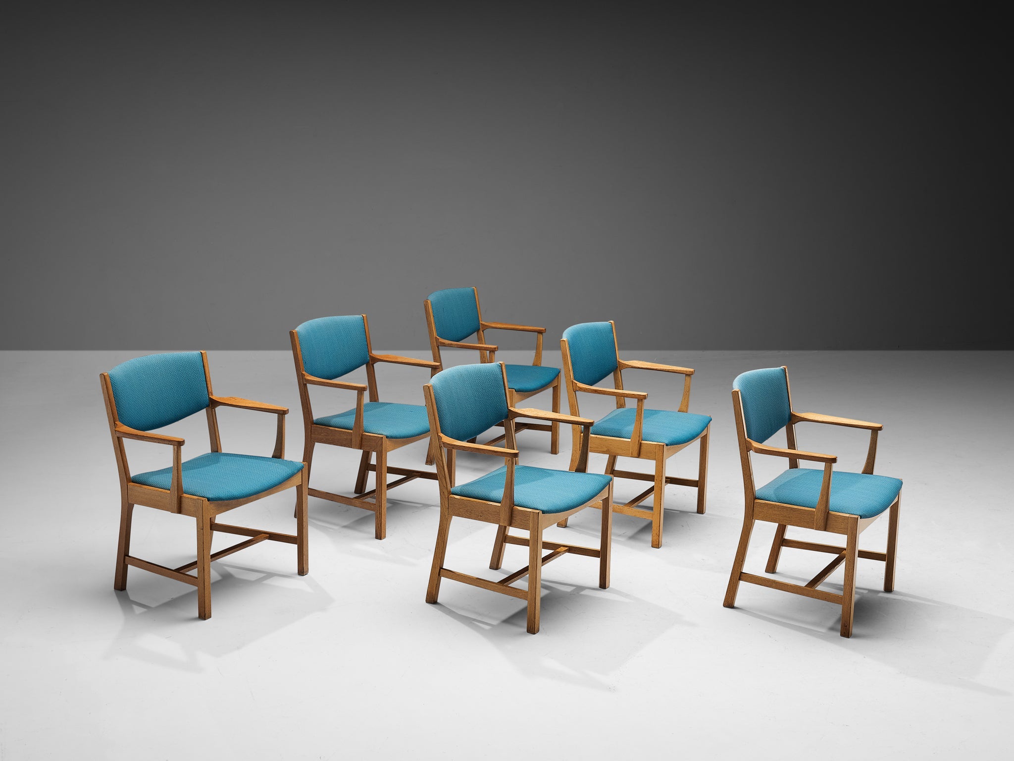 Set of Six Danish Armchairs in Oak and Light Blue Upholstery seating Morentz