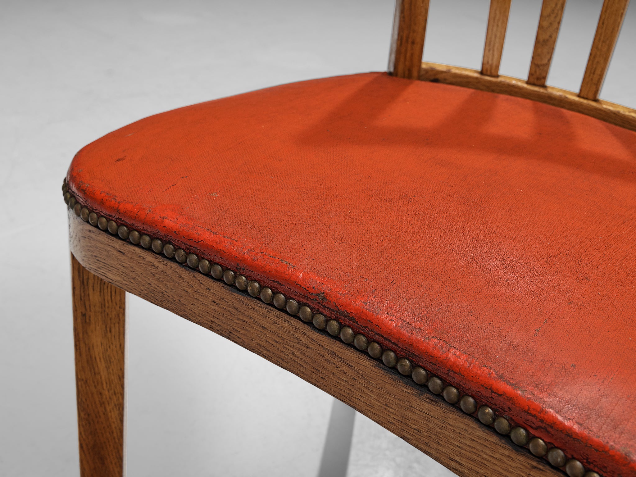 French Art Deco Set of Four Dining Chairs in Red Leatherette Oak Brass seating Morentz