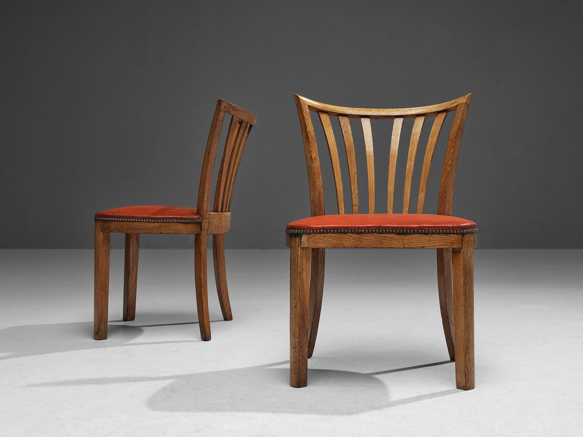 French Art Deco Set of Four Dining Chairs in Red Leatherette Oak Brass seating Morentz