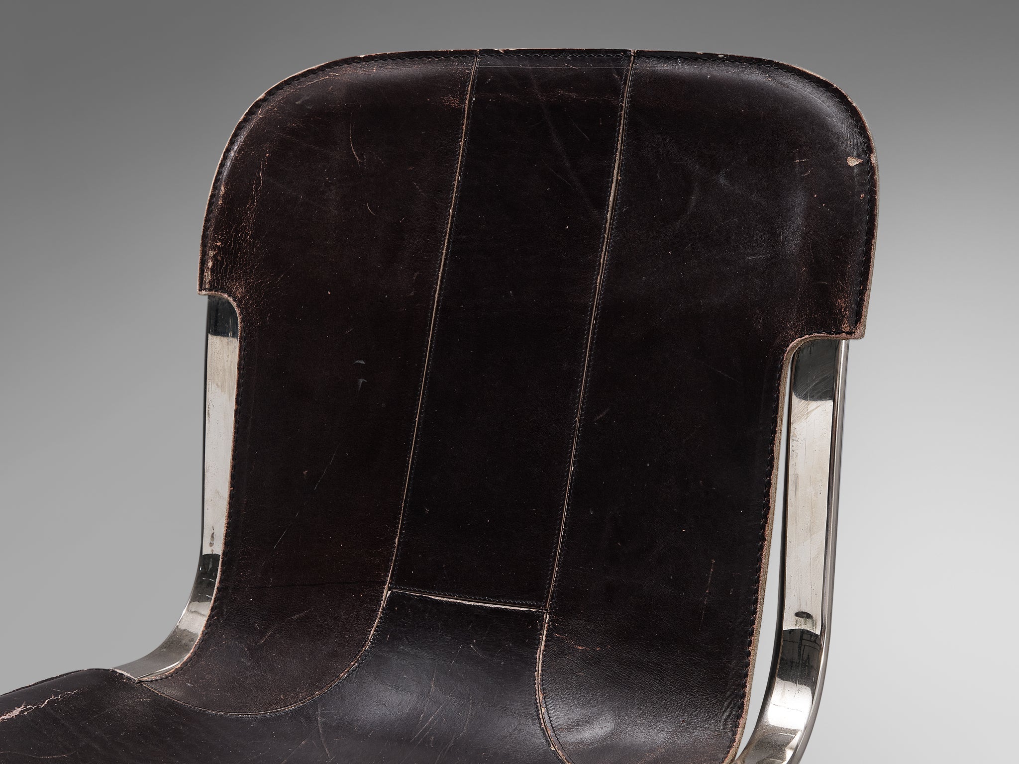 Cidue Set of Four Dining Chairs in Dark Brown Leather and Chrome seating Morentz