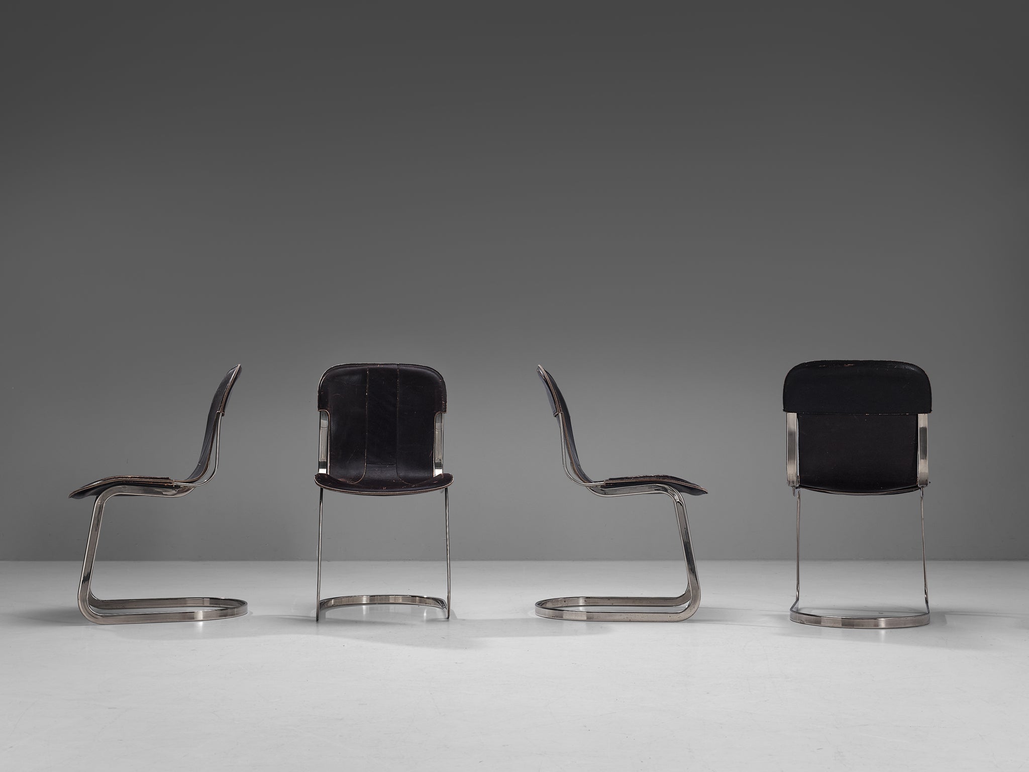 Cidue Set of Four Dining Chairs in Dark Brown Leather and Chrome seating Morentz
