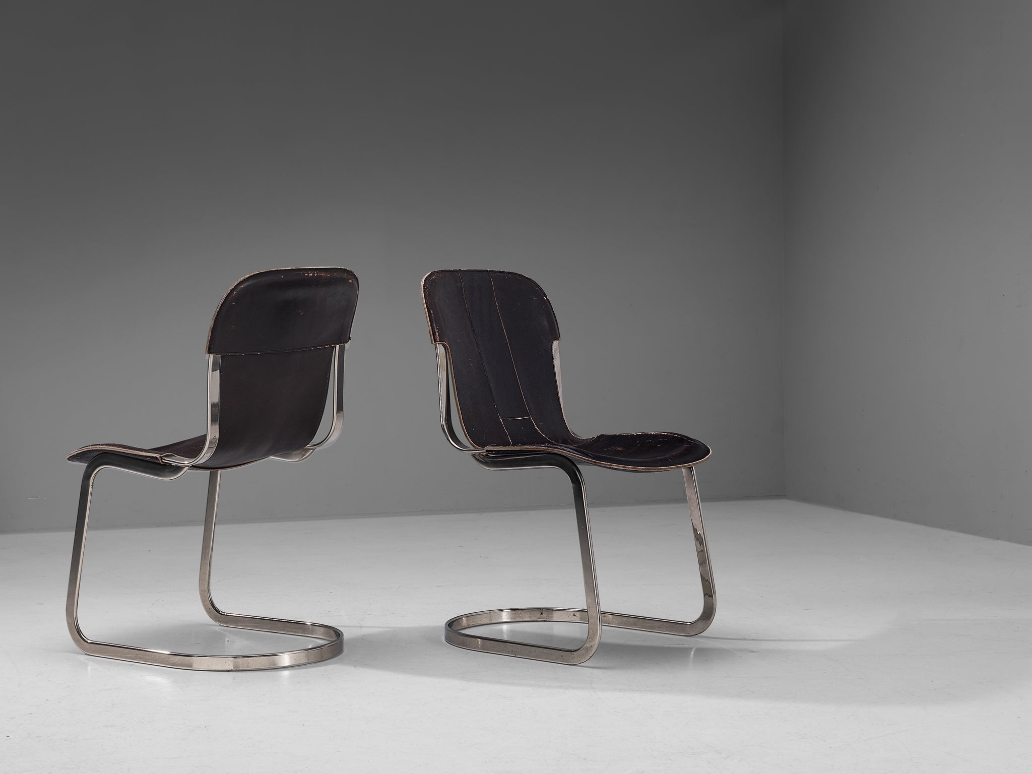 Cidue Set of Four Dining Chairs in Dark Brown Leather and Chrome seating Morentz