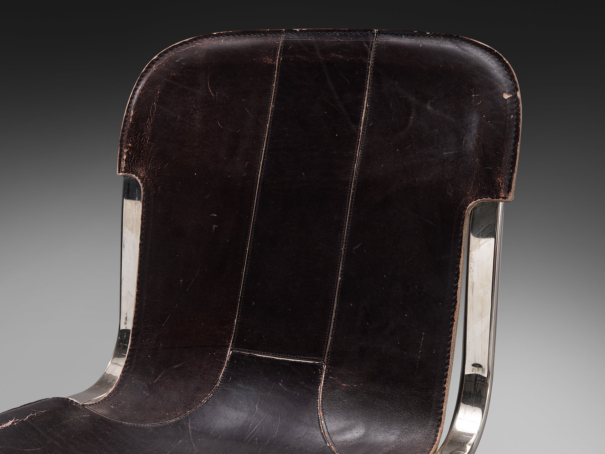 Cidue Set of Four Dining Chairs in Dark Brown Leather and Chrome Seating Morentz